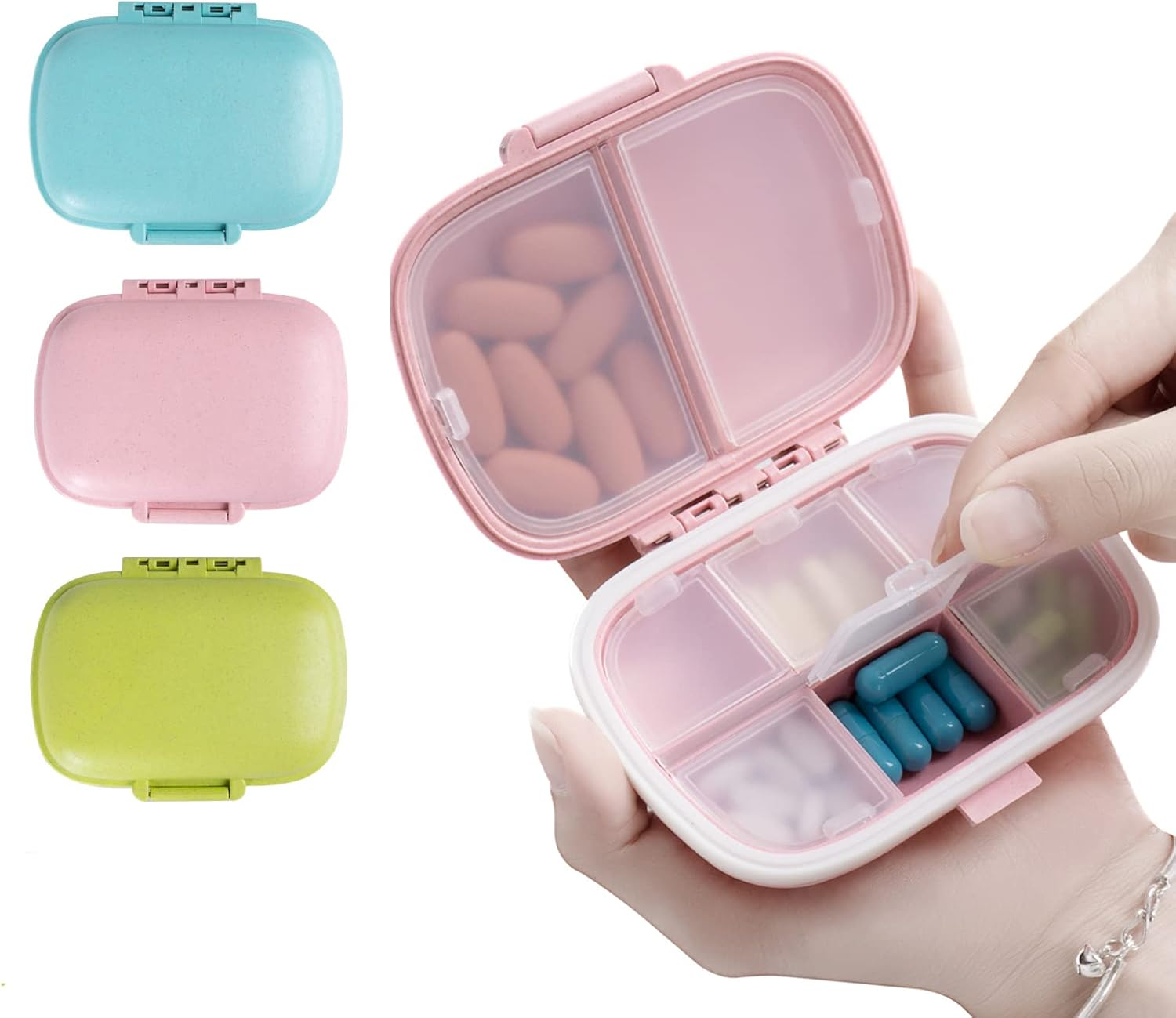 3 Portable Pill Box Organizer, 8 Compartments Portable Pill Case, Small Pill Box for Pocket Purse Portable Medicine Pills/Capsules/Vitamins/Fish Oil Etc（Pink,Blue,Green)