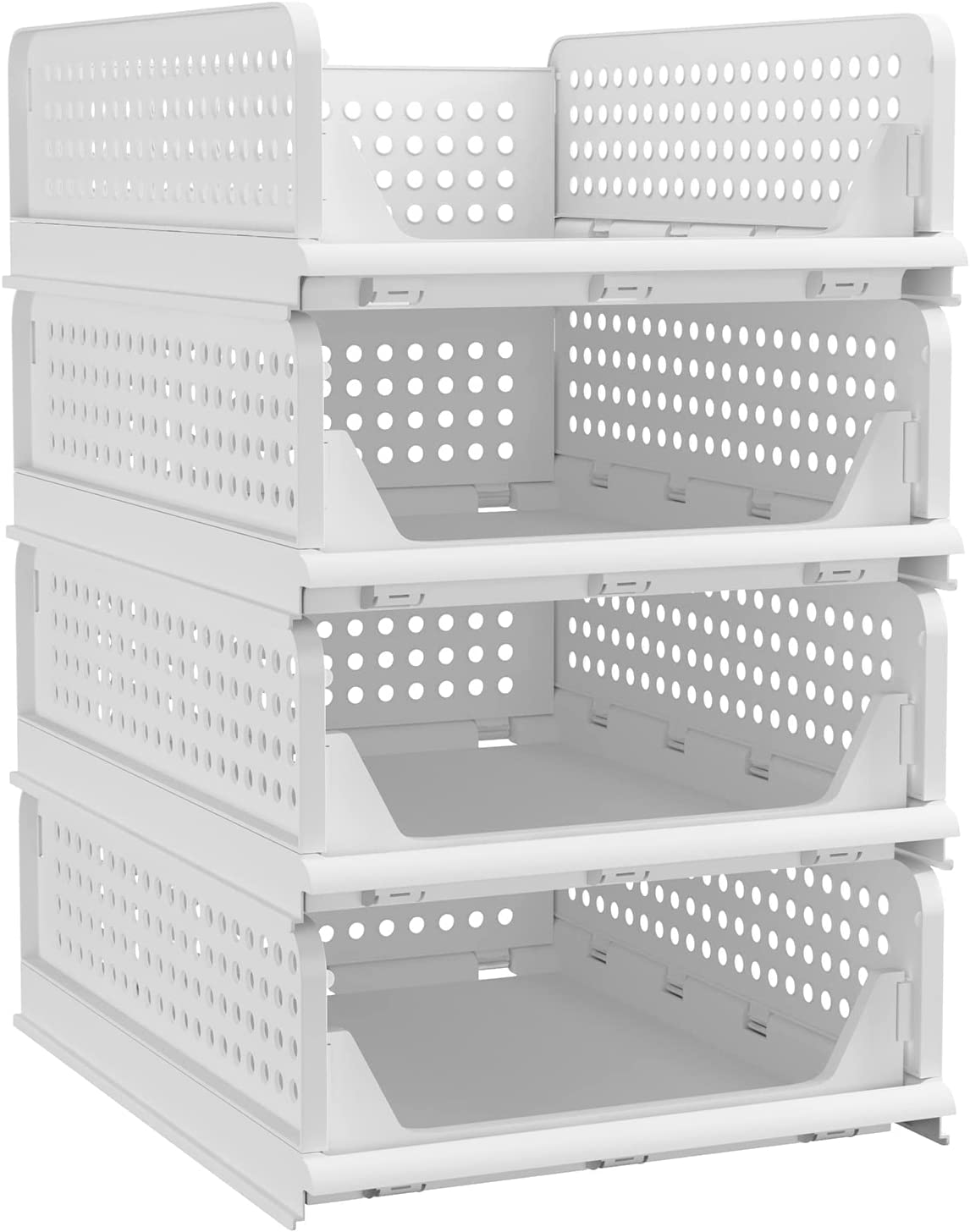 Stackable Plastic Storage Basket, Closet Organisers and Storage Drawers Large Foldable Clothes Shelf Bins for Wardrobe Cupboard Cabinet Kitchen Bathroom Bedroom Office by MOTYYA (4 Pack White-S) image number 4