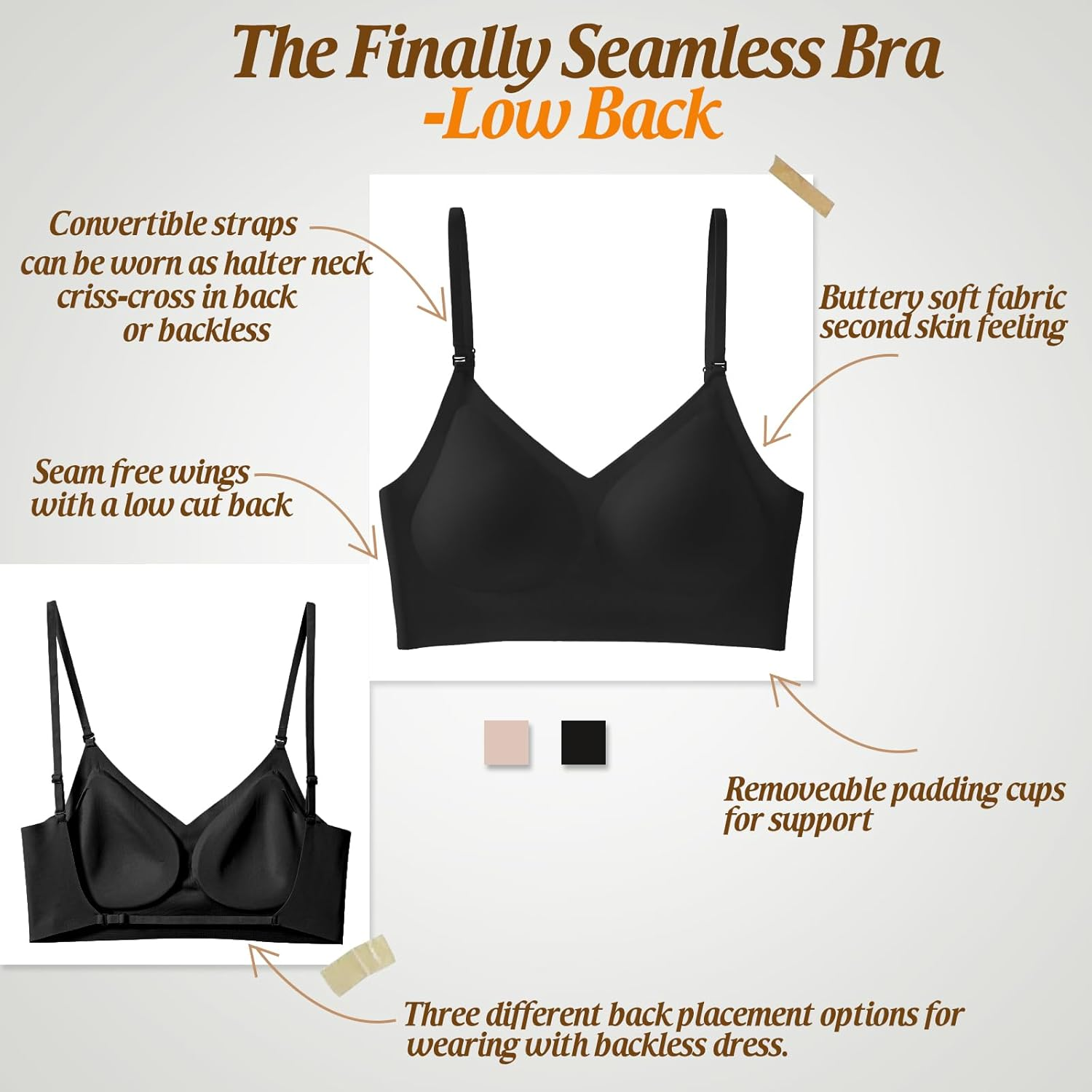 Low Back Bra for Women Wirefree Seamless Bra Backless Multiway Straps Convertible Halter Bra with Padded Removeable image number 7