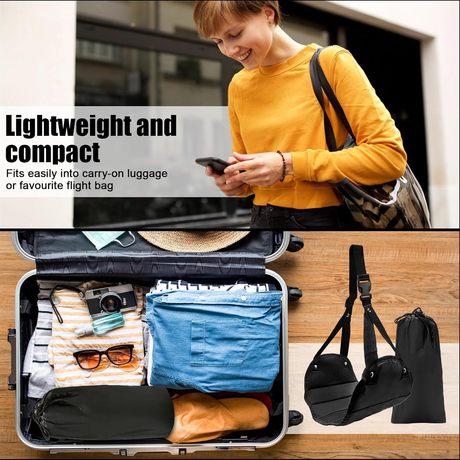 Airplane Footrest, Portable Travel Foot Hammock, Adjustable Height Airplane Foot Rest Hammock for Travel, Home, Office (Black) image number 6