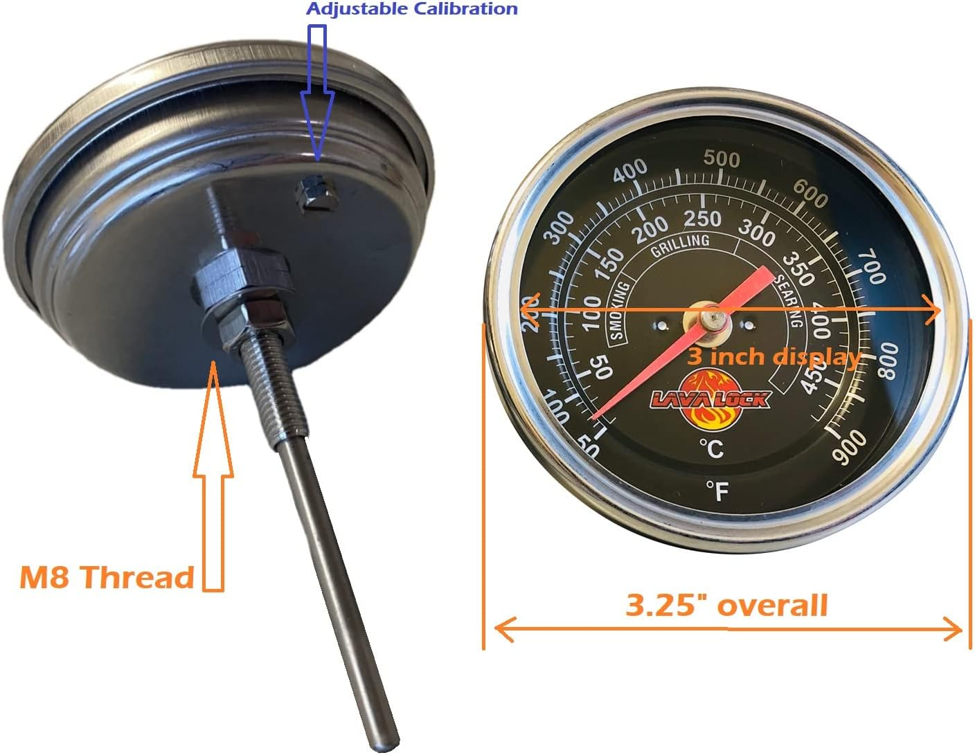 Lavalock Black Face BBQ Grill Thermometer 50F-900F High Temp Range Heavy Duty Premium Quality Smoker Thermo 2 Inch or 3" M8 (9/32") 3 Inch Stem (3 In. Black Face)