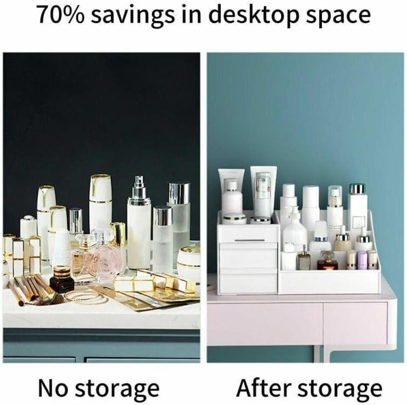 AIMALL Cosmetic Makeup Organizer with Drawers, Skincare Storage Box Holder, Durable Bathroom Holder Case, Space-Saving Design, 11.34 X 7.09 X 5.04 Inches, White, Pink, Blue or Khaki