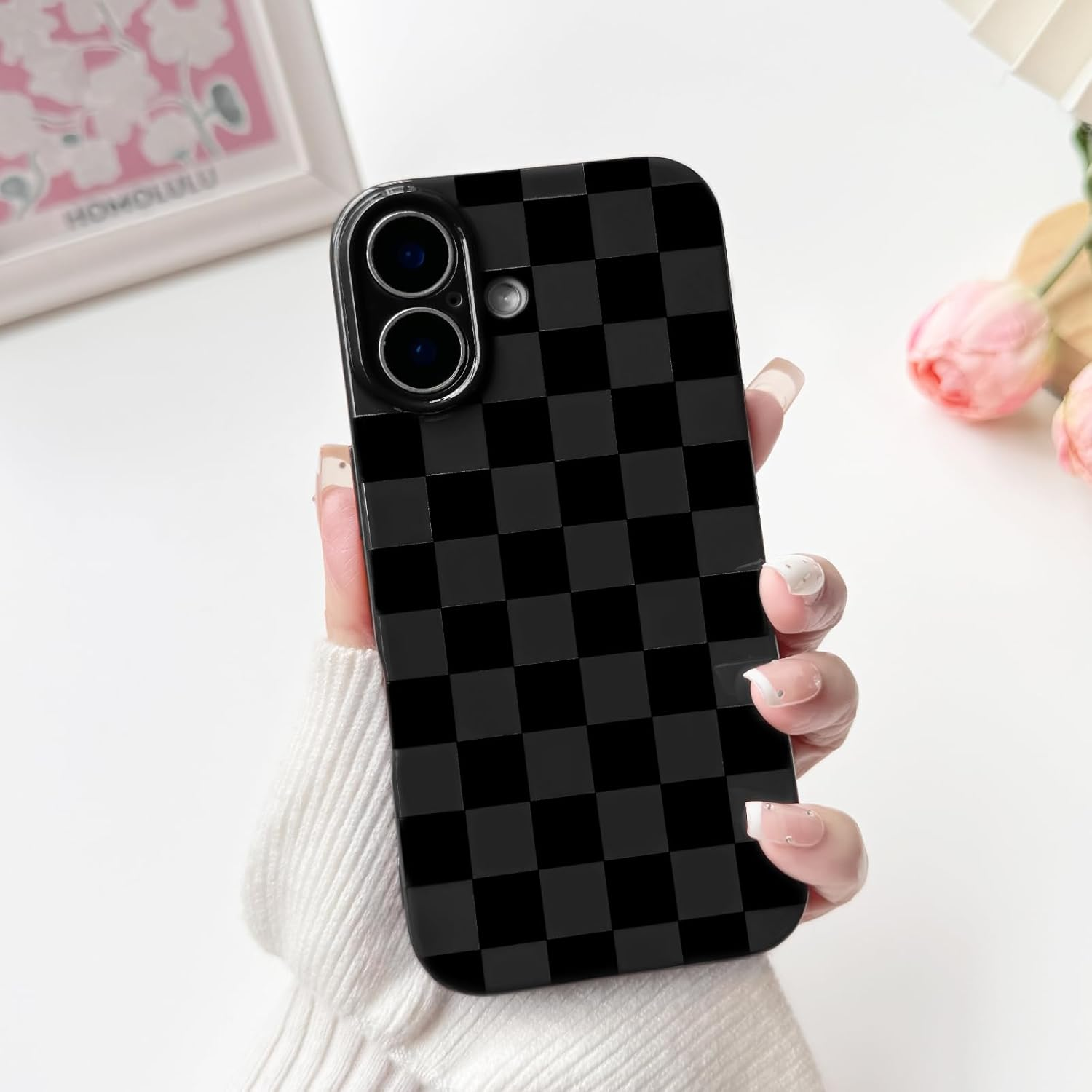 NITITOP Compatible with Iphone 17 Case Cute Aesthetic Checkerboard Checkered Pattern for Women Girl Trendy Slim Fit TPU Silicone Shockproof Full Camera Protection Cover - Black image number 6