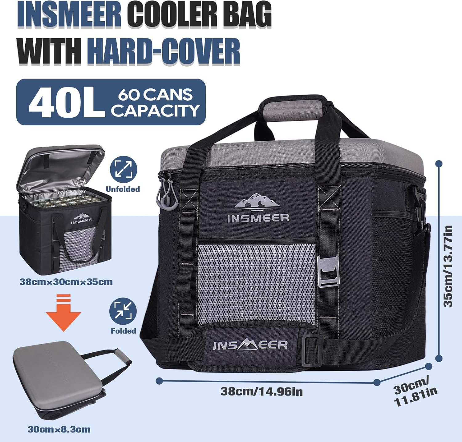 INSMEER Cooler Bag 40L, Large Cooler Bags Insulated with Hard Lid, Soft Cooler Bag Leakproof/Collapsible/Portable Cooler Backpack,With Bottle Opener, Suitable for Beach Camping Picnics image number 2