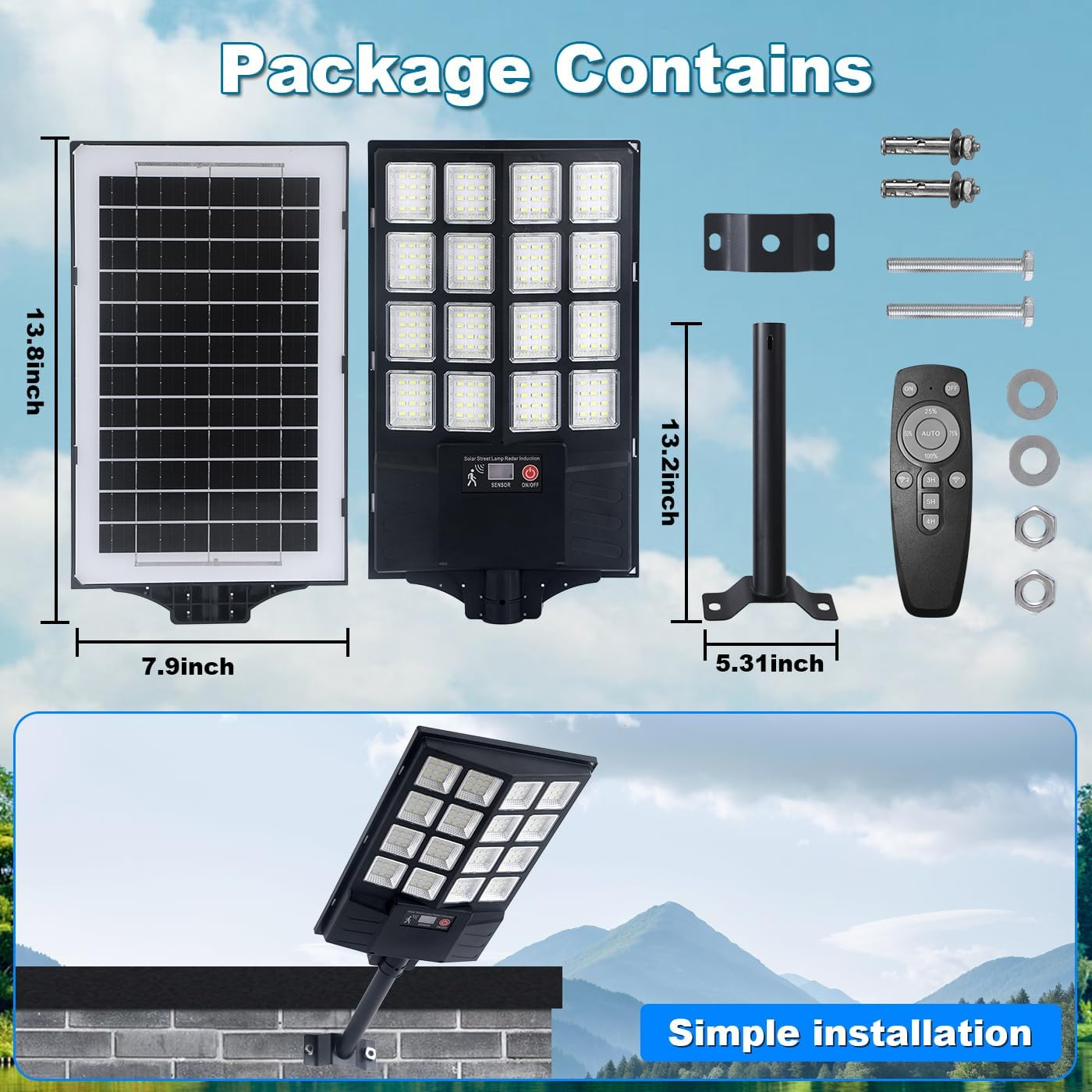 Solar Street Lights Outdoor, 1200W Large LED Solar Parking Waterproof Light with Motion Sensor Remote Control, 8500K Dusk to Dawn LED outside Security Flood Commercial Lighting for Yard image number 3