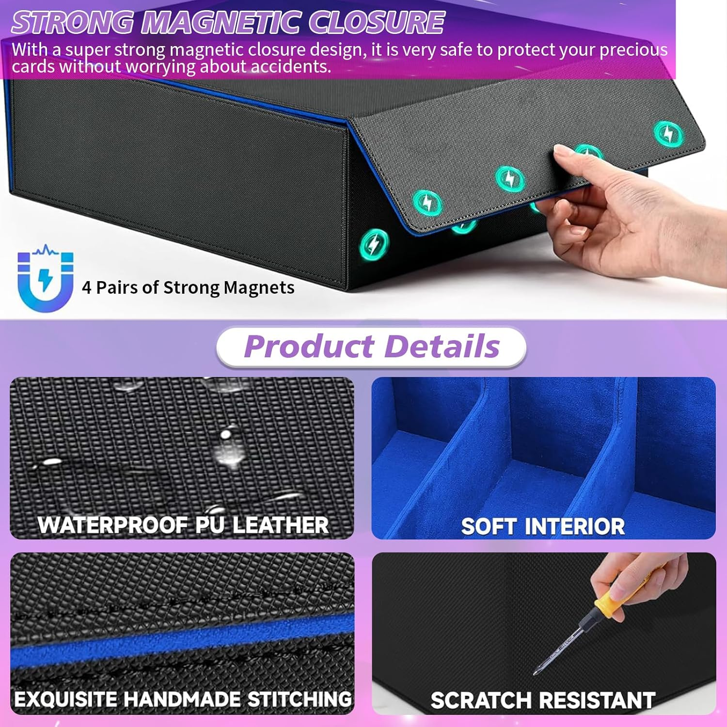 PU Leather Trading Card Deck Case with Display Windows, 3000+ MTG Deck Box with 24 PCS Colorful Dividers Tabs, Magnetic Closure Storage Boxes, Slot Support for Magic Game Cards (BKRED) image number 2