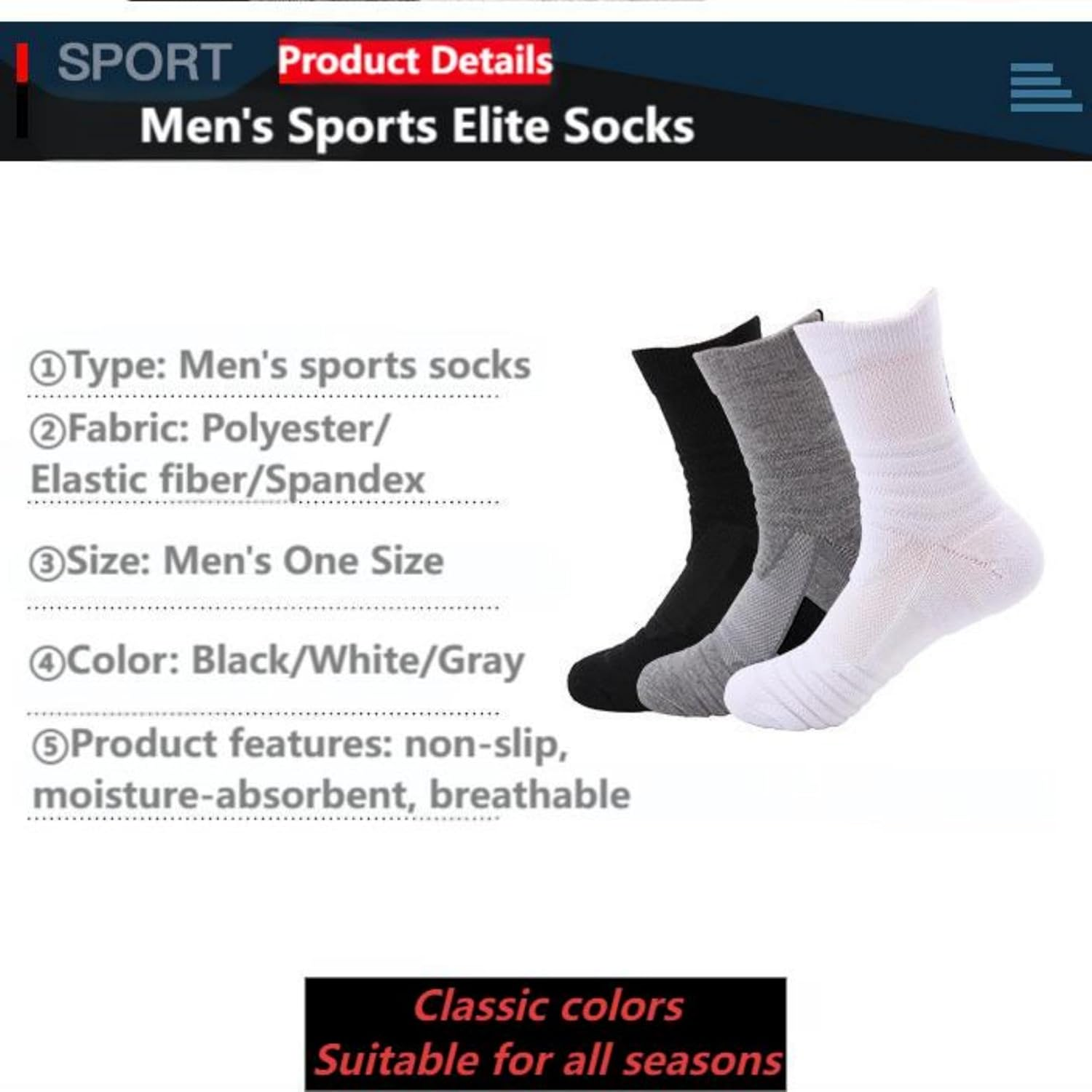 3 Pack Men'S Sports Running Socks - Thick Cushioned Crew Socks for Basketball & Tennis | Non-Slip Arch Support | Sweat-Wicking Black/Grey/White (One Size) image number 2