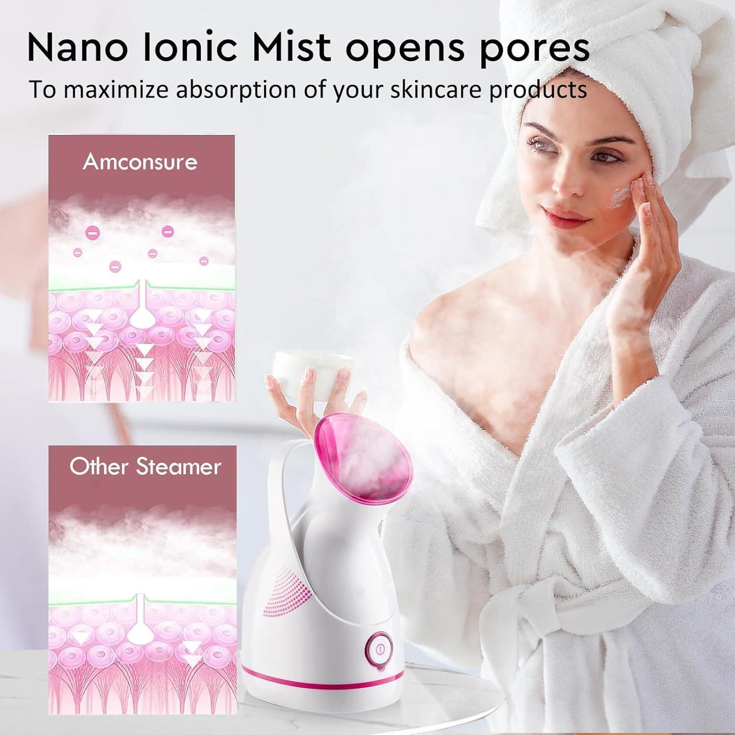 Facial Steamer - Nano Ionic Face Steamer Warm Mist Steamer for Home Sauna SPA, Humidifier for Face Steamer for Deep Cleaning Unclogs Pores Sinuses - Bonus 5 Piece Stainless Steel Skin Kit Rose Red image number 3