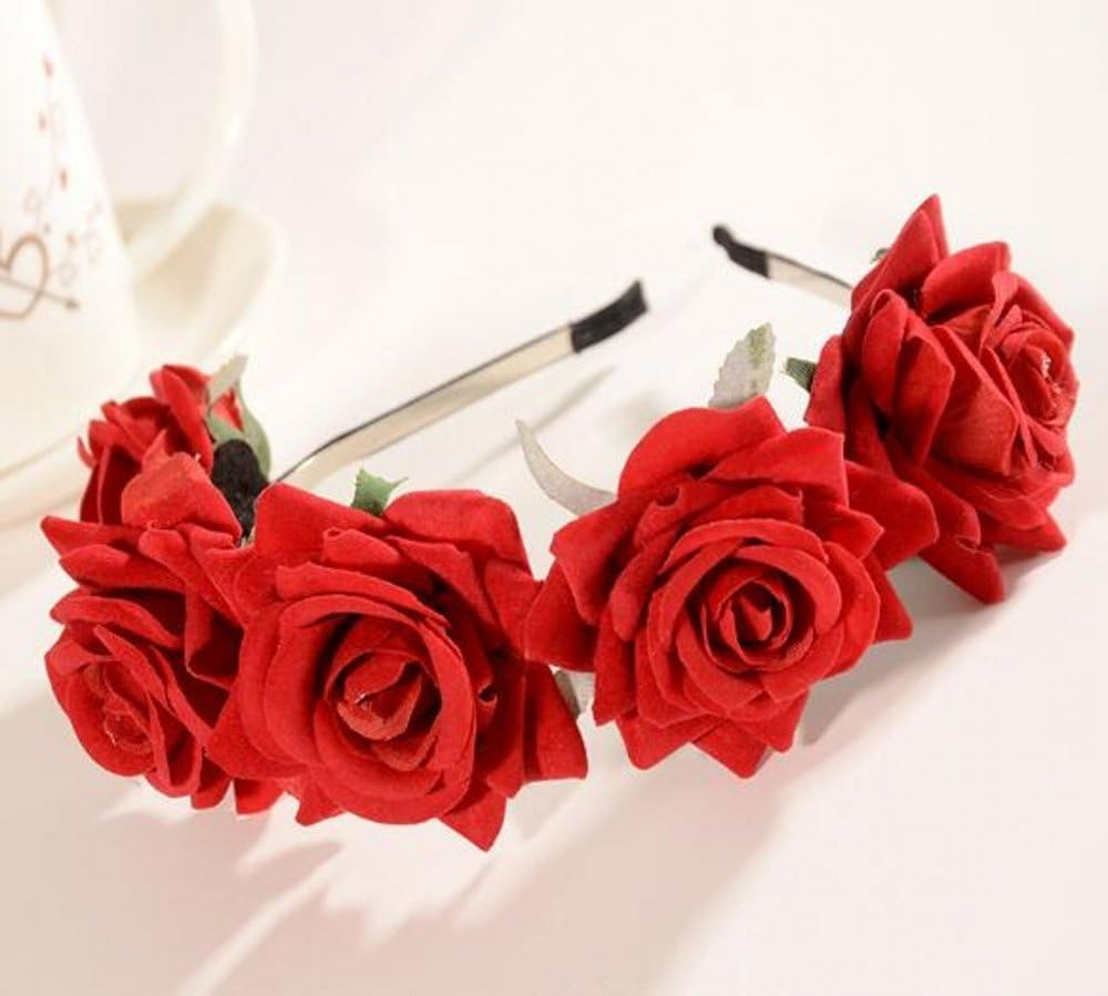 Red Headband Rose Headband Ladies Flower Headband Girl Flower Tiara for Wedding Bride Bridesmaid Birthday Party Kids Party