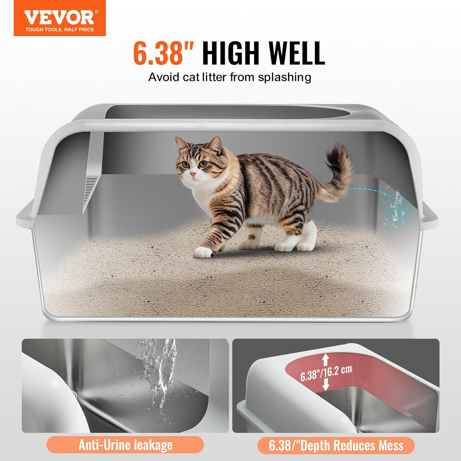 VEVOR Cat Litter Box, 152 Mm Deep, XL Extra Large Stainless Steel Cat Litter Box with Scoop, Wide Filtering Foot Board & High Sides, Enclosed Odor-Free Easy-To-Clean Litter Box, Fit for Big Cats image number 2