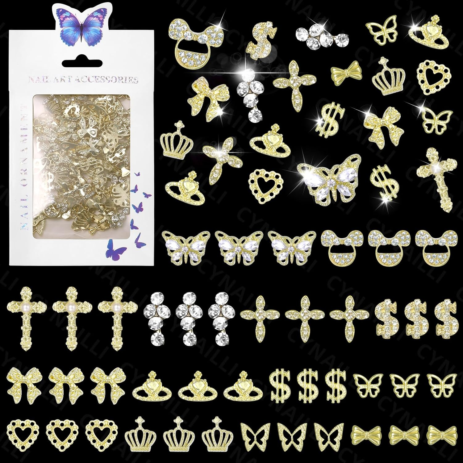 110 Pcs Gold Nail Charms and Gems Y2K, 3D Butterfly Heart Nail Gems, Planet Crown Nail Art Jewels, Cross Bows Charms for Alloy Nails Art Design DIY Accessories