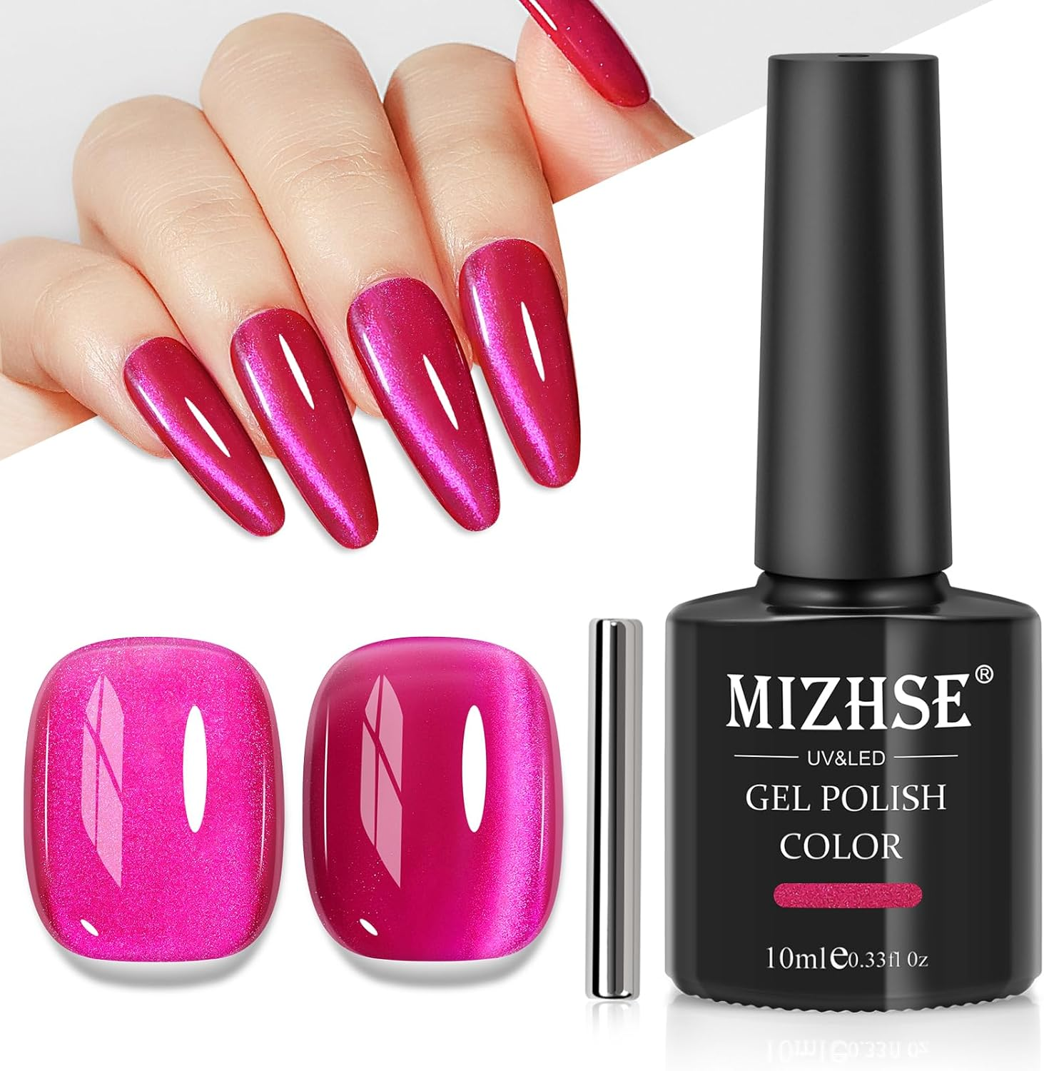 MIZHSE Universal Silver Cat Eye Gel Nail Polish, Magnetic Gel Polish Shiny Glitter Nail Gel with Magnet Stick, 10 Ml Galaxy Cateye Nail Polish Soak off UV/LED Nail Art Salon Manicure DIY at Home