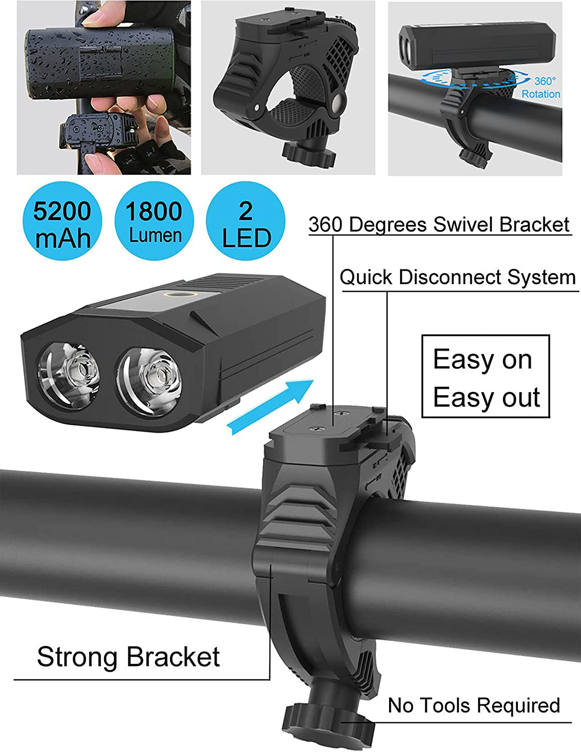 Bike Lights Front USB (Type-C) Rechargeable 1800 Lumen Bicycle Headlight Waterproof Led Bicycle Lighting Flashlight, Easy Install & Quick Release image number 6