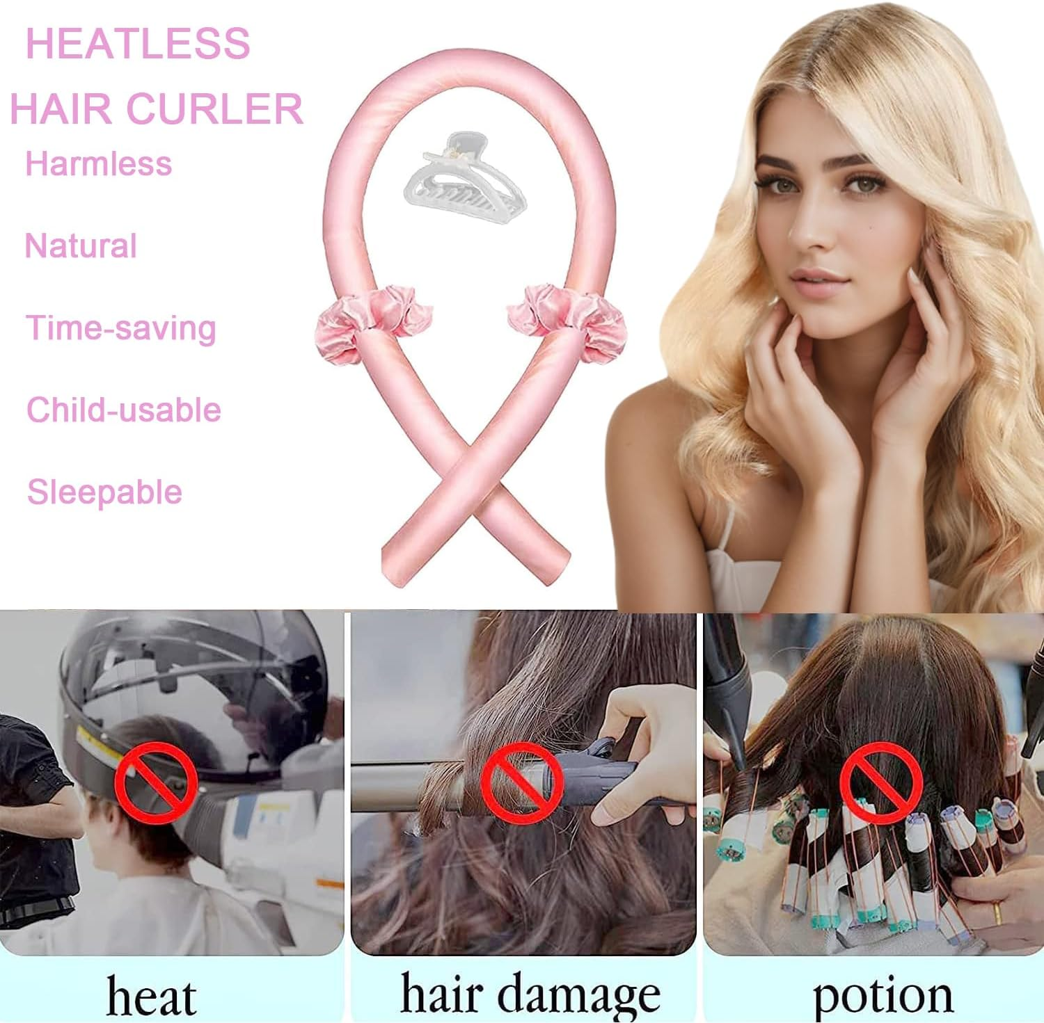 Heatless Hair Curlers for Long Hair Overnight Curlst, Women Girls No Heat Heatless Curls Hair Rollers, Soft Foam Heatless Curling Rod Headband, Curling Ribbon for Natural Hair (Champagne, Medium) image number 2