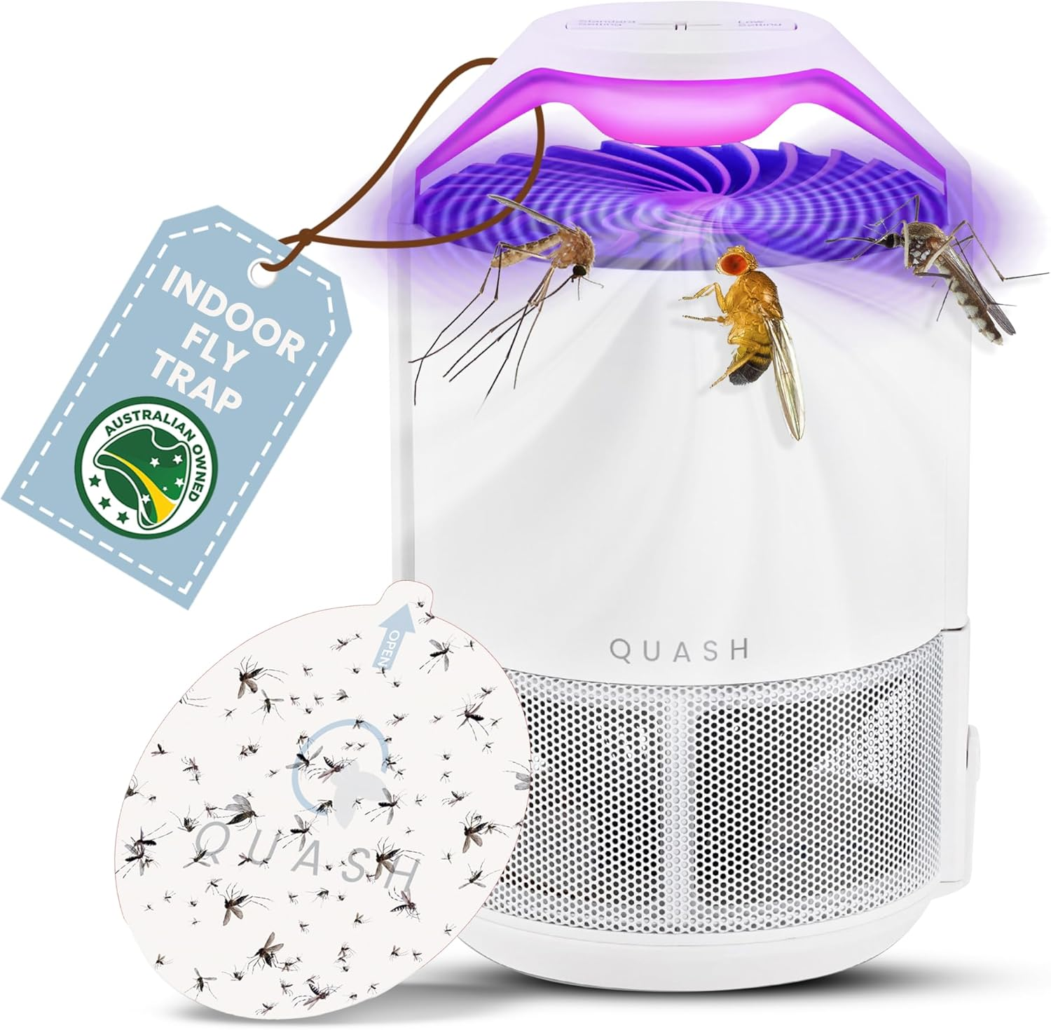 QUASH Indoor Fly Trap &ndash; Non-Zapper Mosquito & Bug Catcher with UV Light, Suction Fan & Sticky Glue Board &ndash; Safe & Effective Fly Swatter for Mosquitoes, Gnats, Mozzies, & Moths (White)