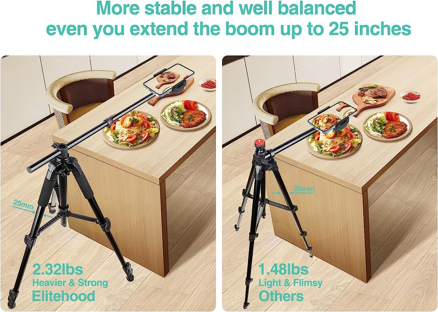 Iphone Tripod for Overhead Video Recording [Heavy Duty & Ultra-Stable], 25In Horizontal Long Extendable Boom, 360&deg; Rotation Iphone Tripod Stand with Remote, Vertical 71" Tall Phone Tripod image number 3