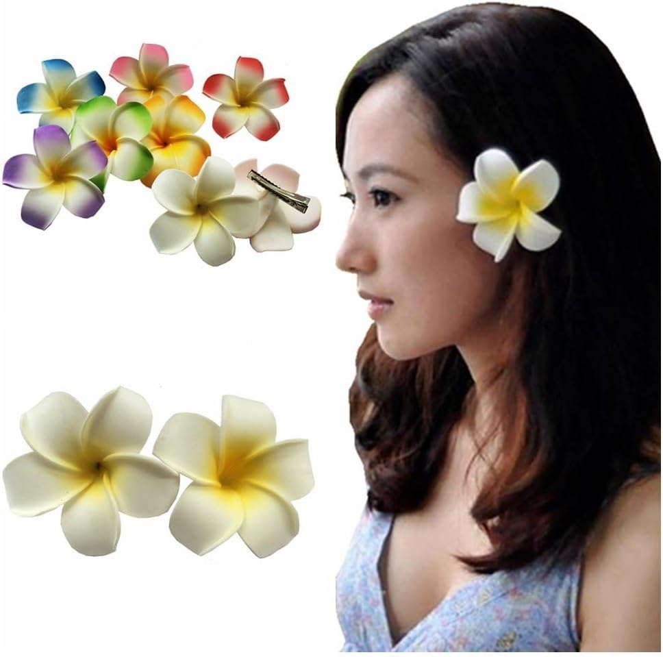 Hawaiian Frangipani Plumeria Foam Head Flower Party Beach Hair Accessories Pack of 2 (White+Purple)