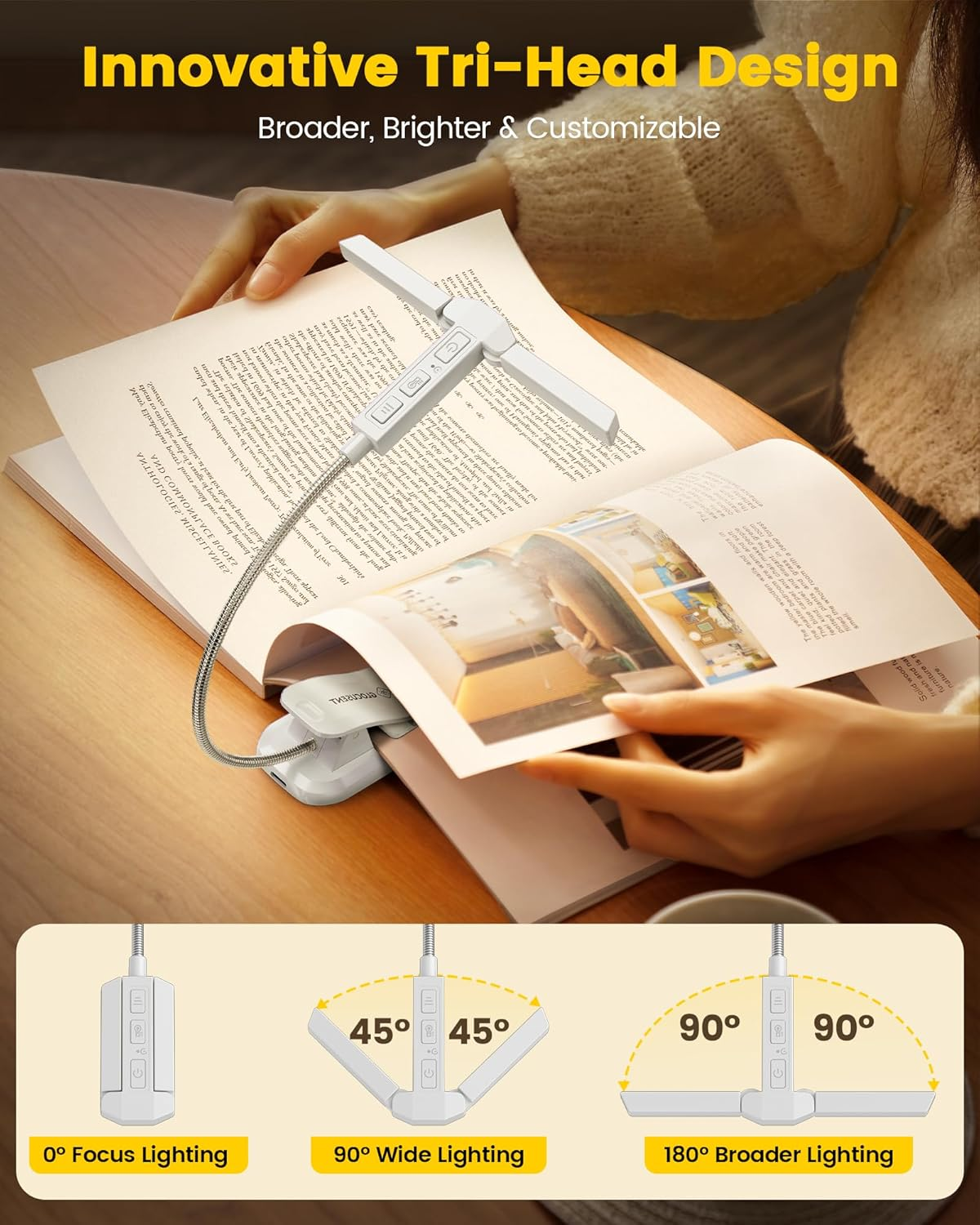 Glocusent Innovative Tri-Head Book Light for Reading in Bed, 3 Colors & 5 Brightness Levels, 1000Mah Rechargeable Reading Light with 30-Min Timer, 10-100Hrs, Partner Friendly, Perfect for Book Lovers image number 5