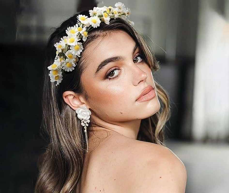 Flower Crowns for Women Flower Headband Adjusatble Flower Girl Headpiece Headband Crown for Bridal Wedding Festival Party (White, One Size) image number 5