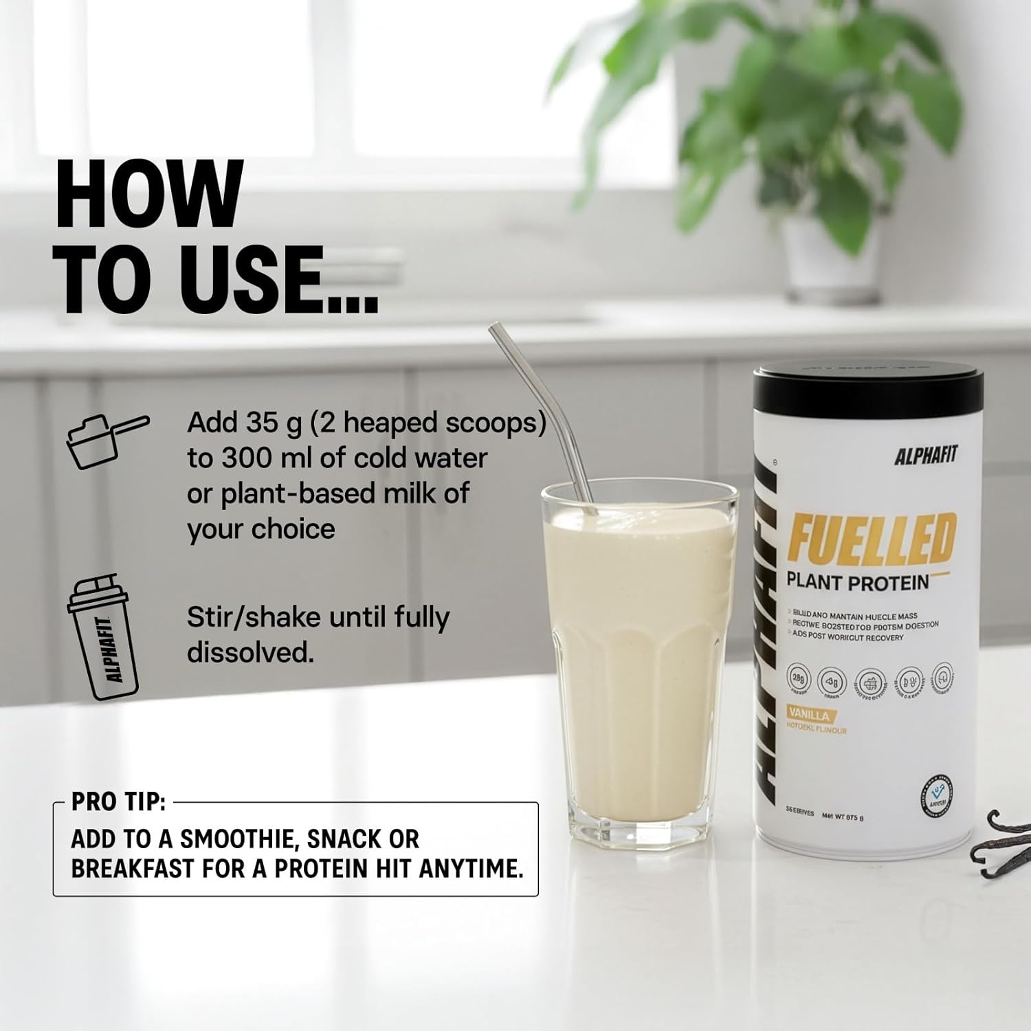 ALPHAFIT Fuelled Plant Protein Vanilla, Vegan Pea Protein with Digestive Enzymes, Natural & Dairy Free, HASTA Certified, 875G image number 5