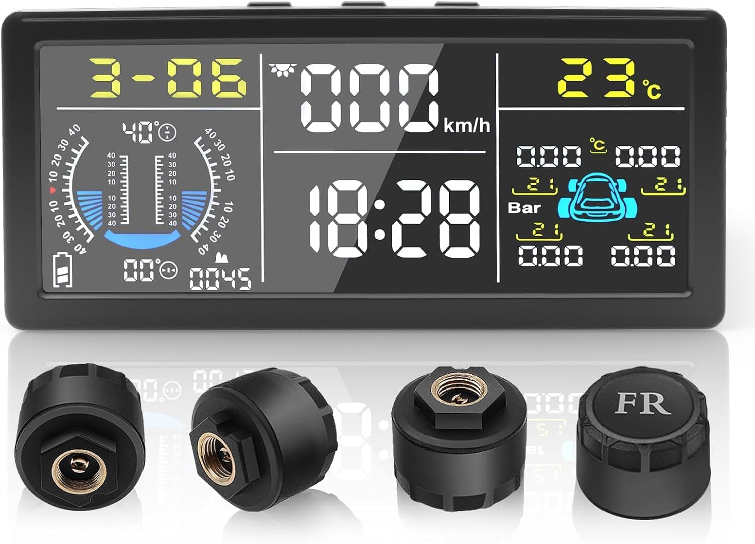 8-In-1 Advanced Tyre Pressure Monitoring System W/4 TPMS Sensors, Real-Time Multifunctional Monitor System W/Slope Meter,Altitude,Speedometer,Car/Tiretemperature,Date,Time HUD Display for Vehicle image number 2