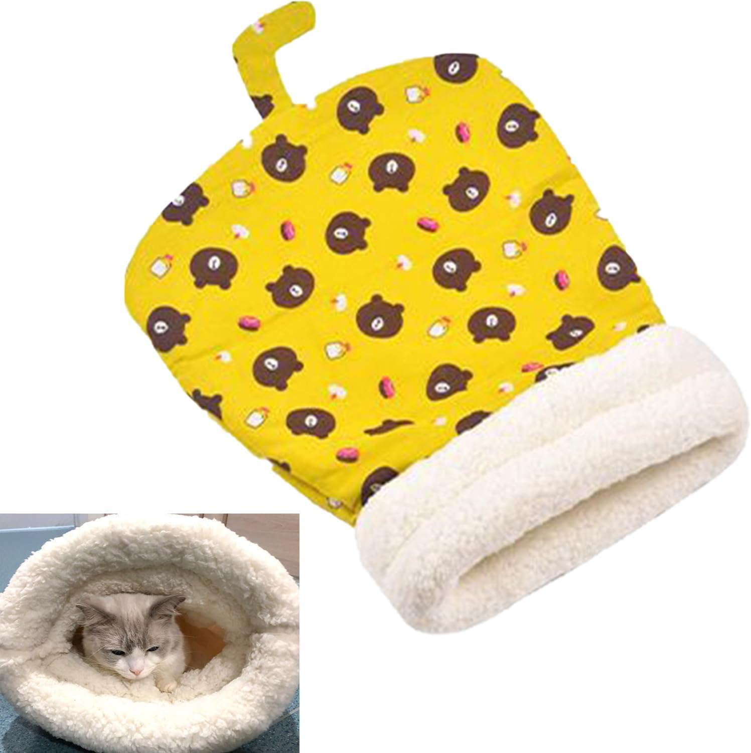 Roczential Cozy Warm Sleeping Bag for Cats, Cozy Cat Winter Sleeping Bag, 360-Degree Wrap Self-Warming Plush Puppy Sleeping Nest (Yellow)
