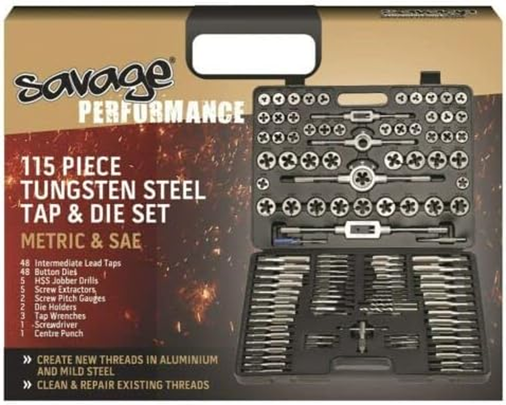 BORDO Savage 115Pce Tap and Die Set Metric Imperial Combination SAE UNC/UNF Tungsten Steel Titanium Button Intermediate 50-S1 image number 3