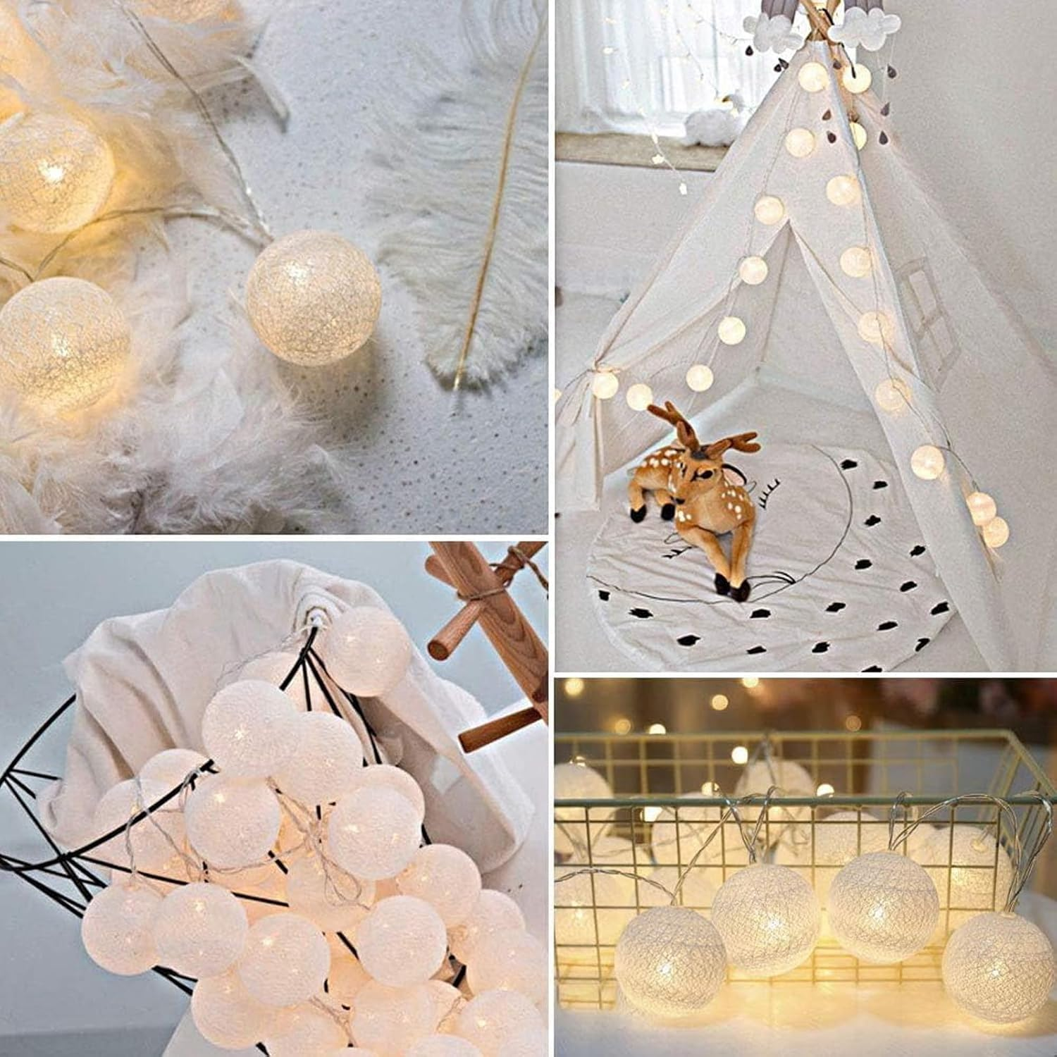 Cotton Balls Fairy Lights Battery, 3 M, 20 LED Fairy Lights, Cotton Balls, 4 Cm Cotton Balls Fairy Lights, Indoor and Outdoor, Warm White Fairy Lights, Battery Operated for Christmas, Children'S Room image number 3