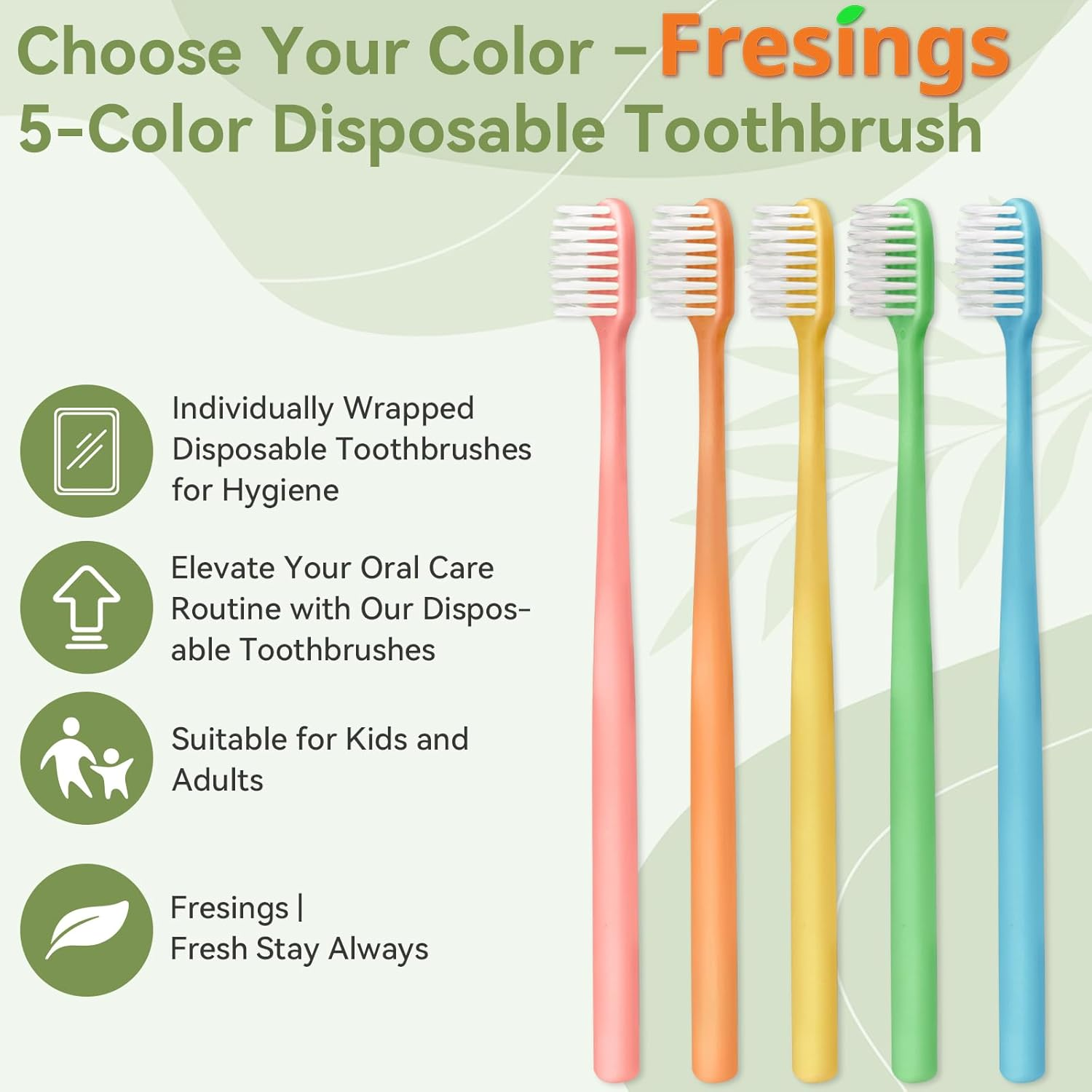 Fresings 40 Pack Disposable Toothbrushes Bulk &ndash; Individually Wrapped Soft Bristles Single Use for Adults & Kids, Travel Hotel Guest Dental Office Donation Emergency Hygiene,Minimalist Design 5 Colors image number 3