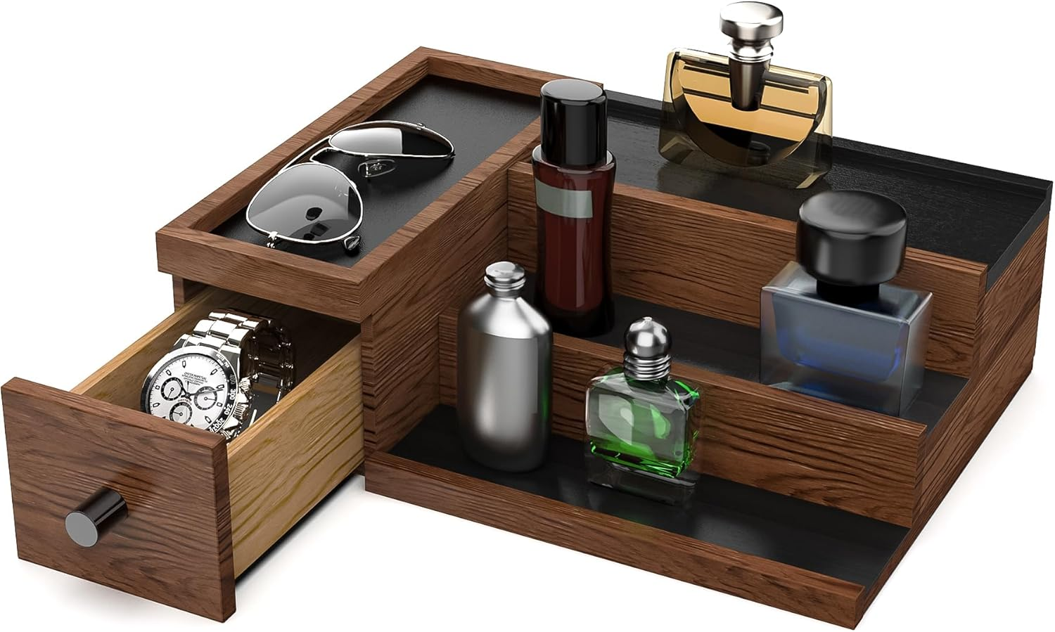 Nihome Handcrafted 3 Tier Wooden Cologne Organizer for Men, Mens Cologne Perfume Stand Organizer Solid Wood W/Hidden Compartments, Multi-Level Storage for Modern Gentleman'S Accessory Organization image number 2