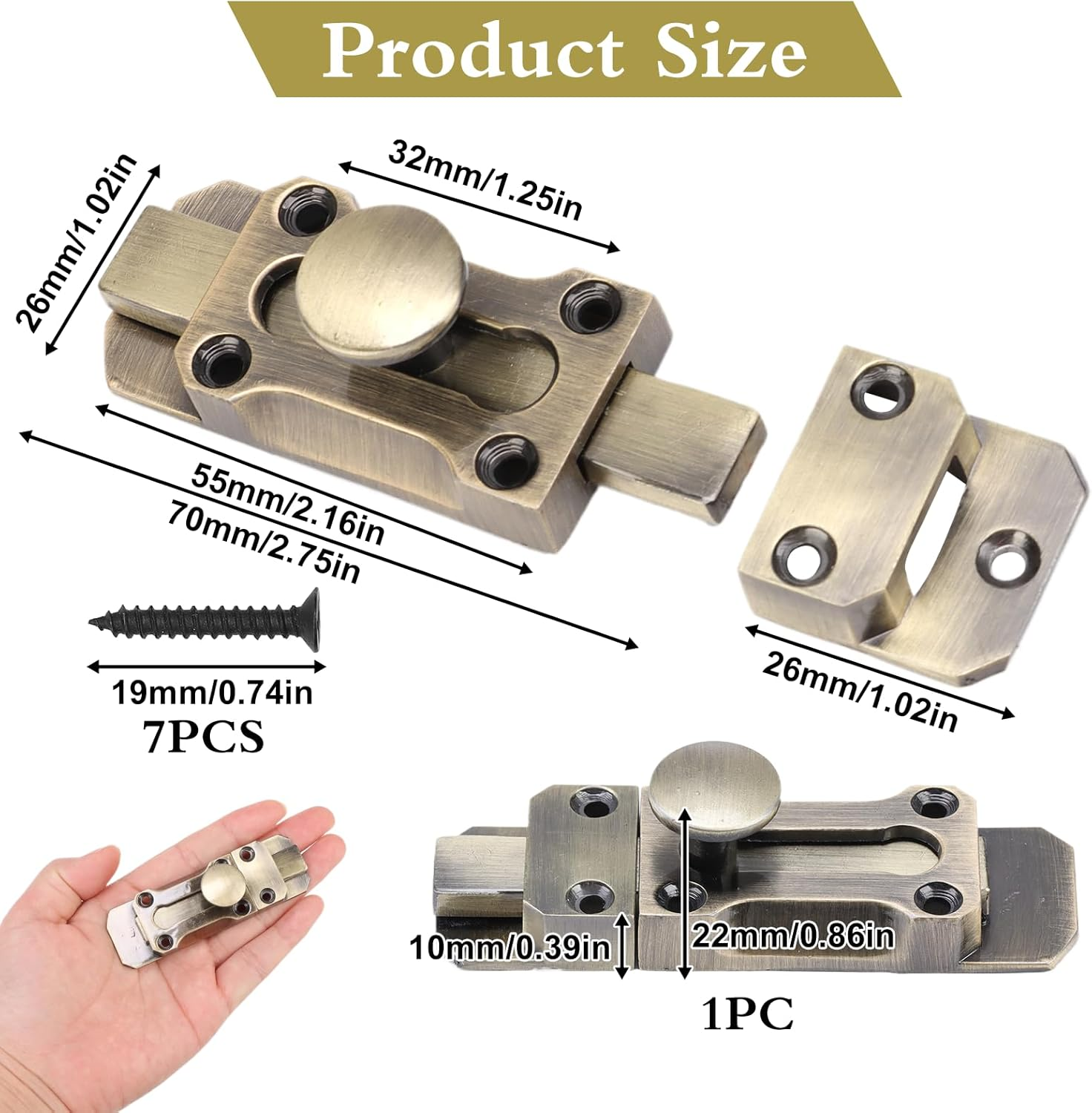 Barrel Slide Door Bolts 3 Inch Brass Door Bolt Heavy Duty Door Locks Internal Antique Zinc Alloy Security Latch Lock with Screws for Securing Internal External Doors, Bronze Tone image number 2