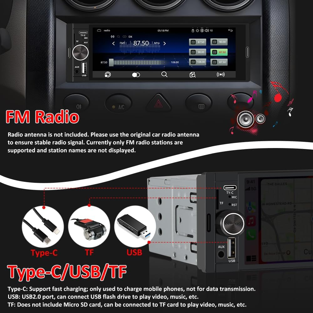 Junsun Single DIN Car Stereo with Carplay and Android Auto, Radio 1 Din with Reversing Camera FM Type-C Port Function image number 5