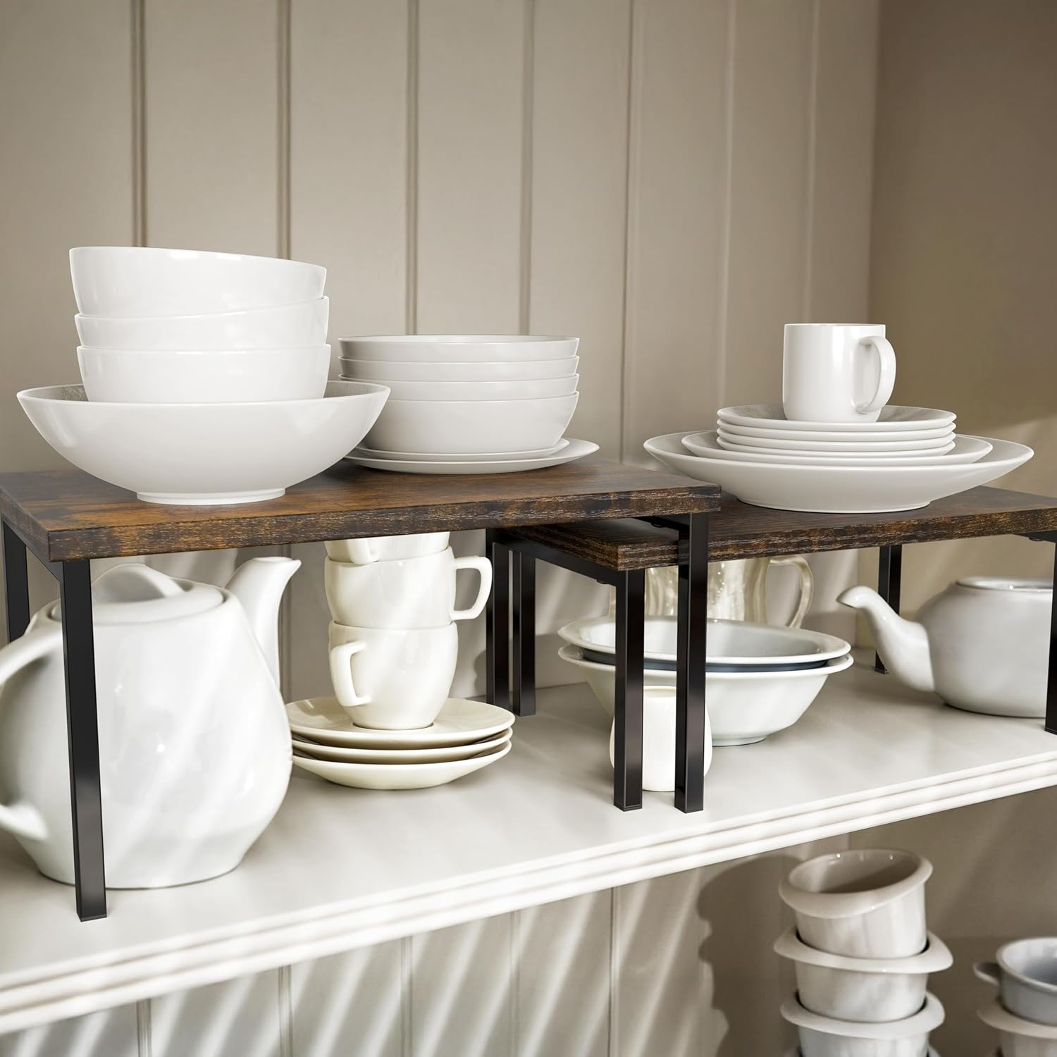 Simple Houseware Stackable Kitchen Counter Shelf, Set of 2, Rustic Brown image number 6