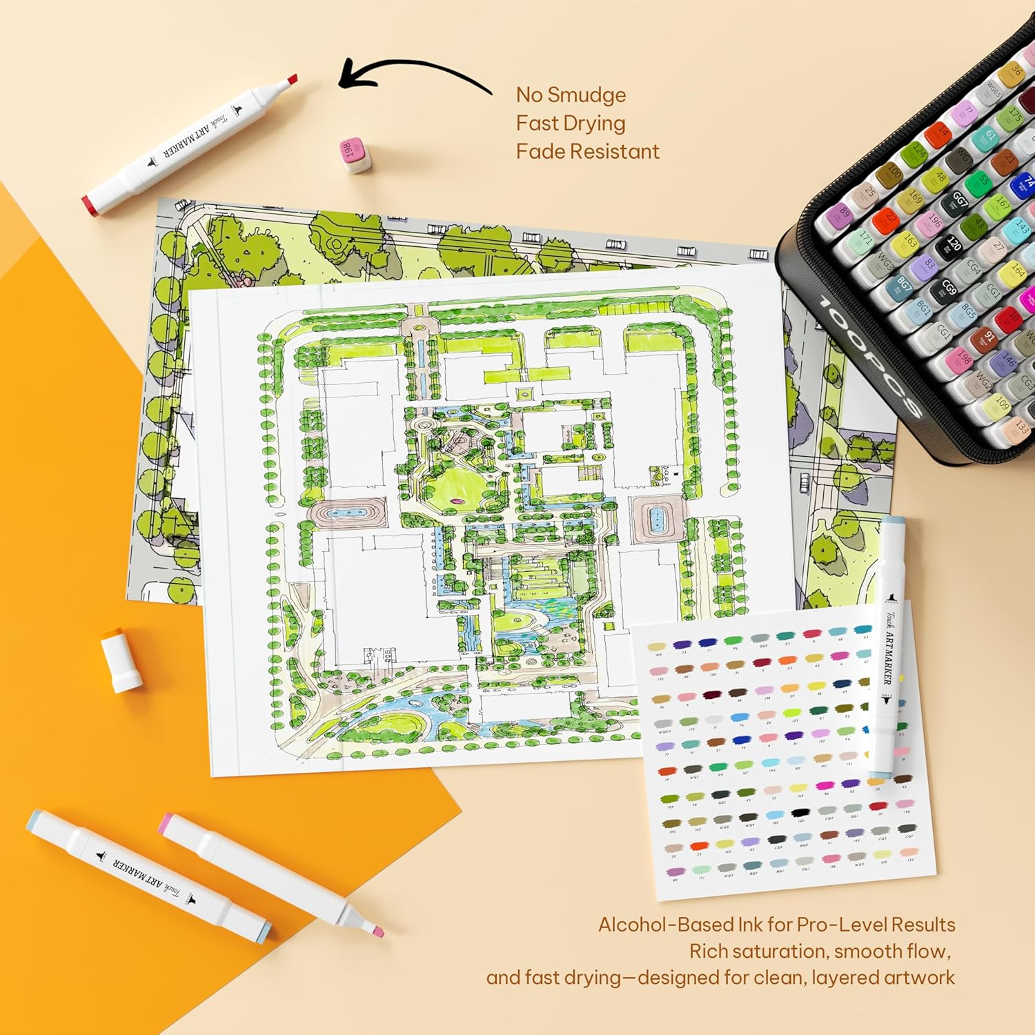 Sashion 100 Colors Alcohol Markers - Dual Tip Colouring Art Drawing Markers, Alcohol Based Markers Set for Kids, Artist, Adult, Highlighter Pen Sketch for Painting, Coloring, Sketching and Drawing image number 6