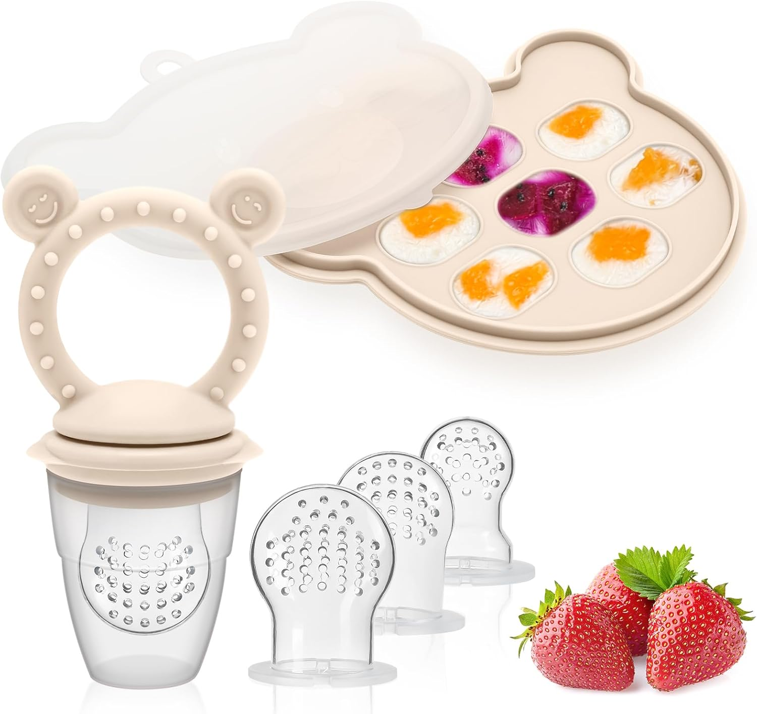 Baby Silicone Fruit Food Feeder Pacifier & Breastmilk Popsicle Freezer Molds, BPA Free Baby Food Storage Containers Frozen Ice Tray for Baby Feeding Safely, Infant Fruit Teething Toy