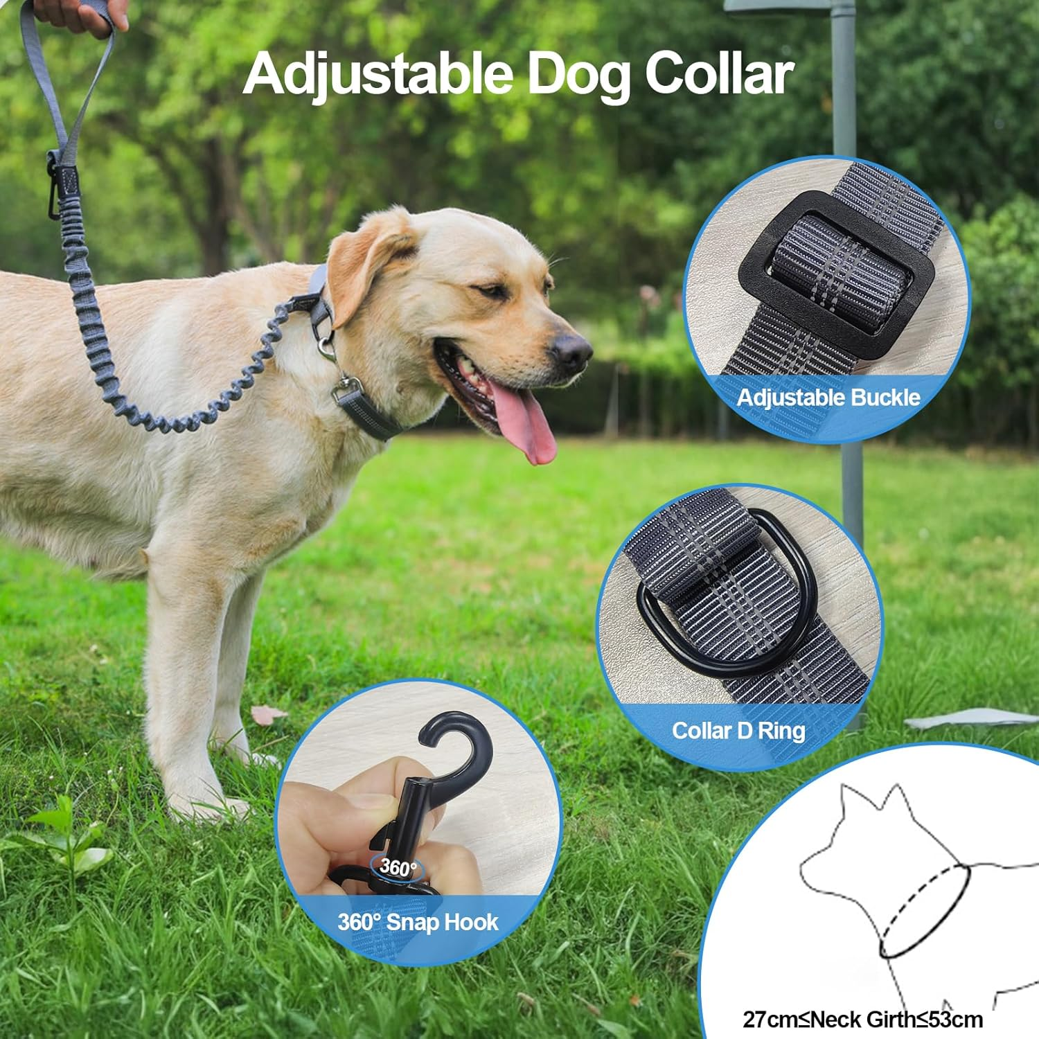 Proxima Direct Dog Car Seat Belt, Elastic Dog Car Harness Lead with Retractable Bungee Buffer, Adjustable Reflective Nylon Pet Dog Collar Leash with Safe Clip Buckle for All Cars Travel Camping Grey image number 4