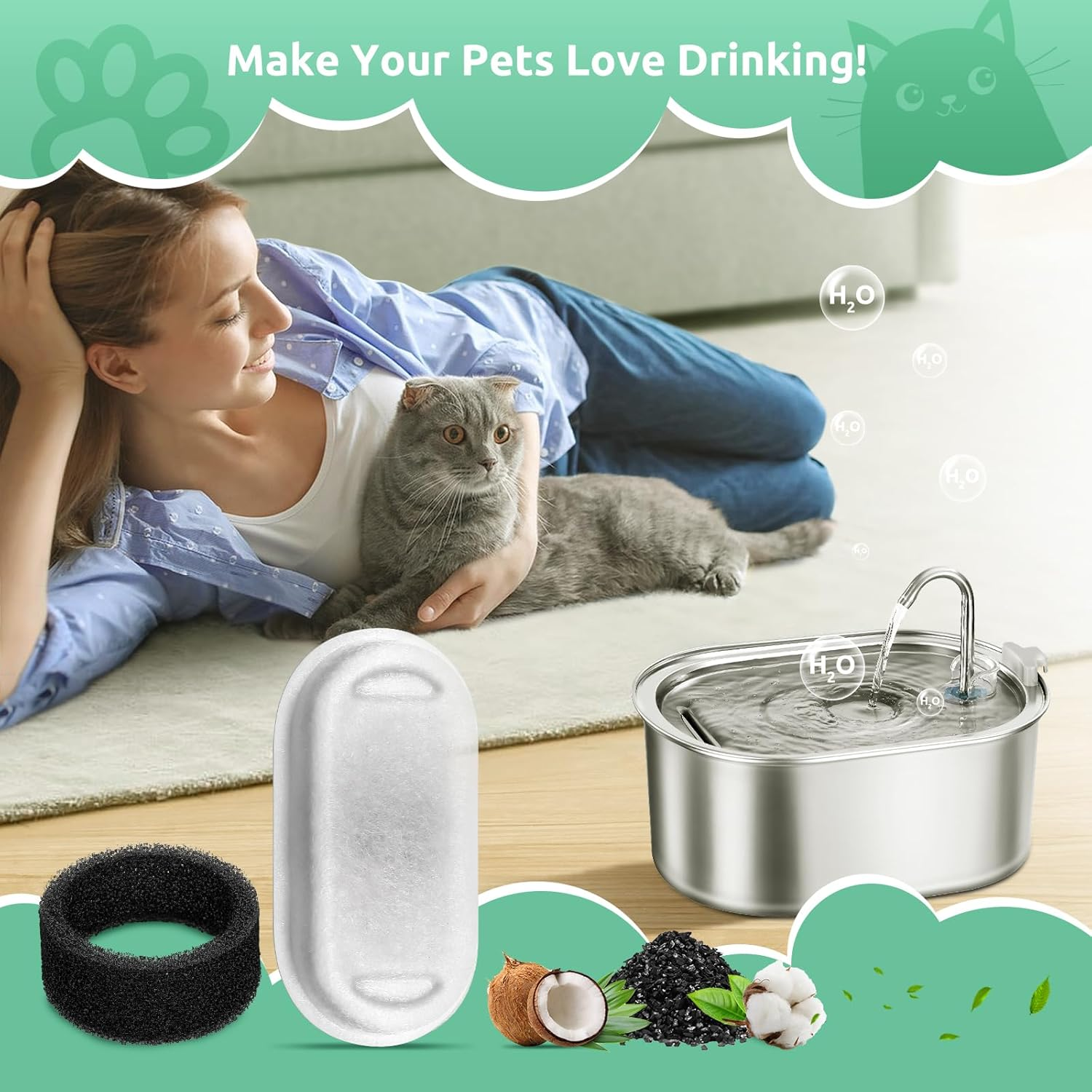 Cat Fountain Filter, Pack of 12 Replacement Filters for 108 Oz/3.2 L Stainless Steel Cat Fountain, 12 Pieces Carbon Filters and 12 Pieces Foam Filter Triple Filter for 2 L Drinking Fountain for Cats image number 5