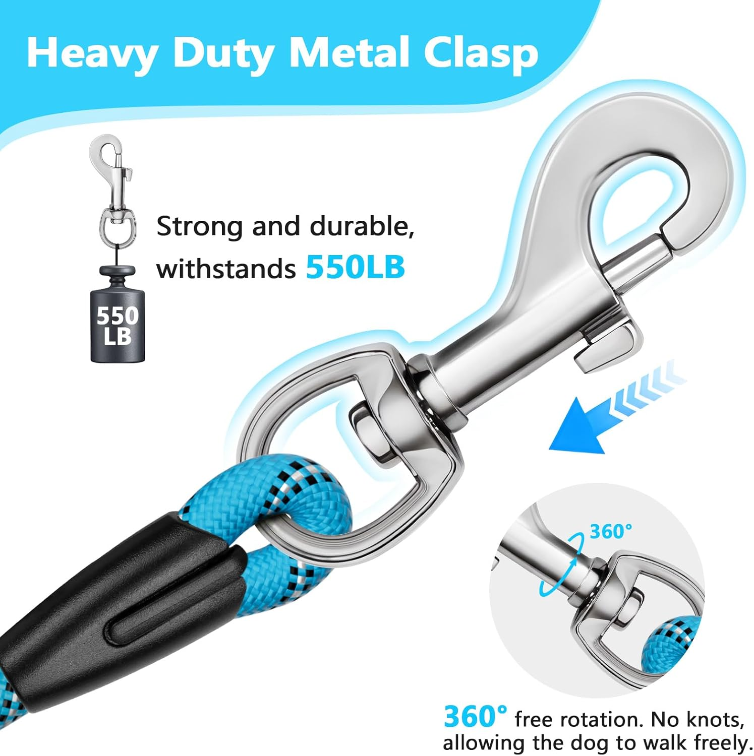 6FT Dog Leash, 1.8M Strong Rope Line Dog Lead Leash with Soft Padded Handle and Heavy Duty Hook, Reflective Recall Training Leads for Large Medium Small Dog,10Mm, Blue image number 7