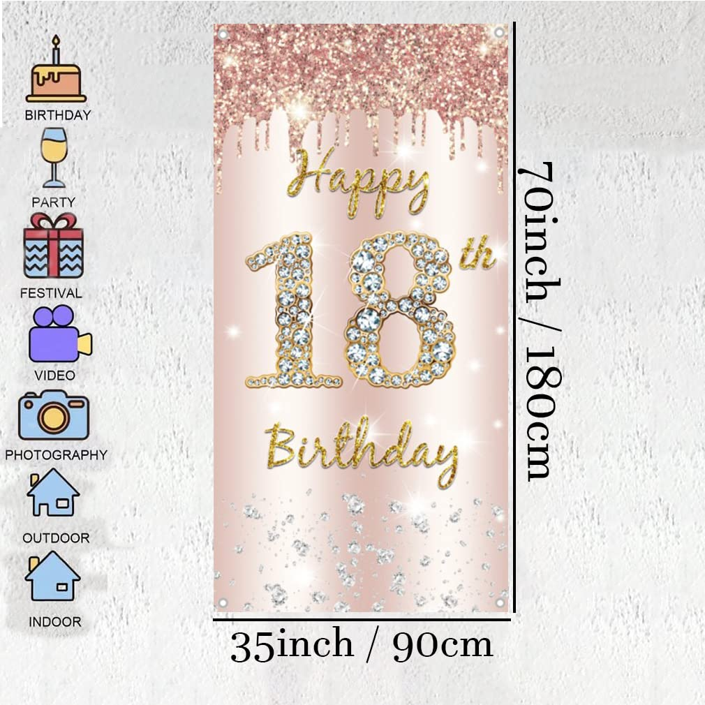 18Th Birthday Decorations for Girls, Happy 18Th Birthda Y Backdrop Banner Rosegold Fabric Sign Poster, Girl 18 Birth Day Door Banner Party Welcome Sign image number 4