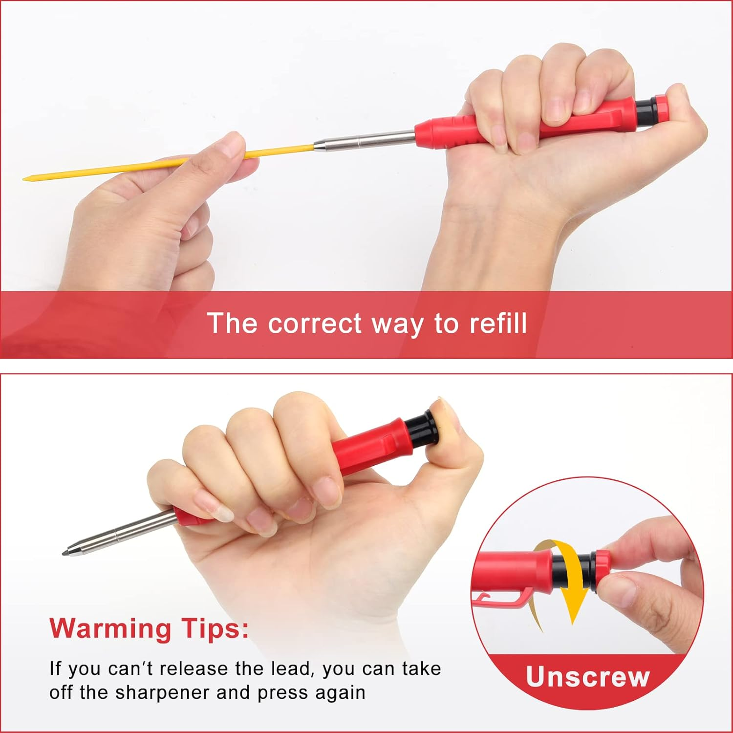 Coolrunner 1Pcs Carpenter Pencils, Mechanical Construction Pencil with Built-In Sharpener Long Nose Deep Hole Woodworking Pencils with 1 Boxes of Spare Refills Perfect for Deep Hole Marking (Red) image number 1
