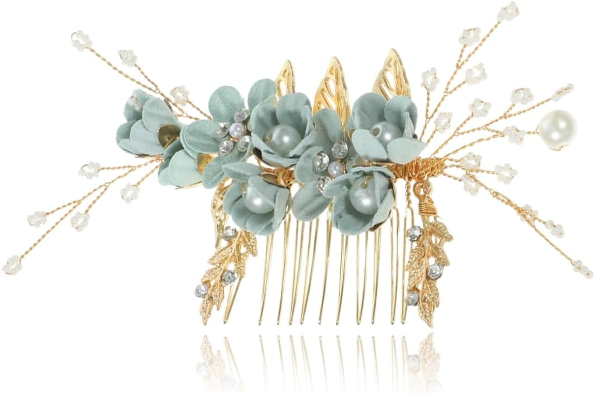 MIRKUZI Hair Combs 1 Piece Green Hair Comb Clip Green Hair Accessories Wedding Bridal Hair Comb with Flowers and Crystals Elegant Headpiece for Brides and Special Occasions image number 3