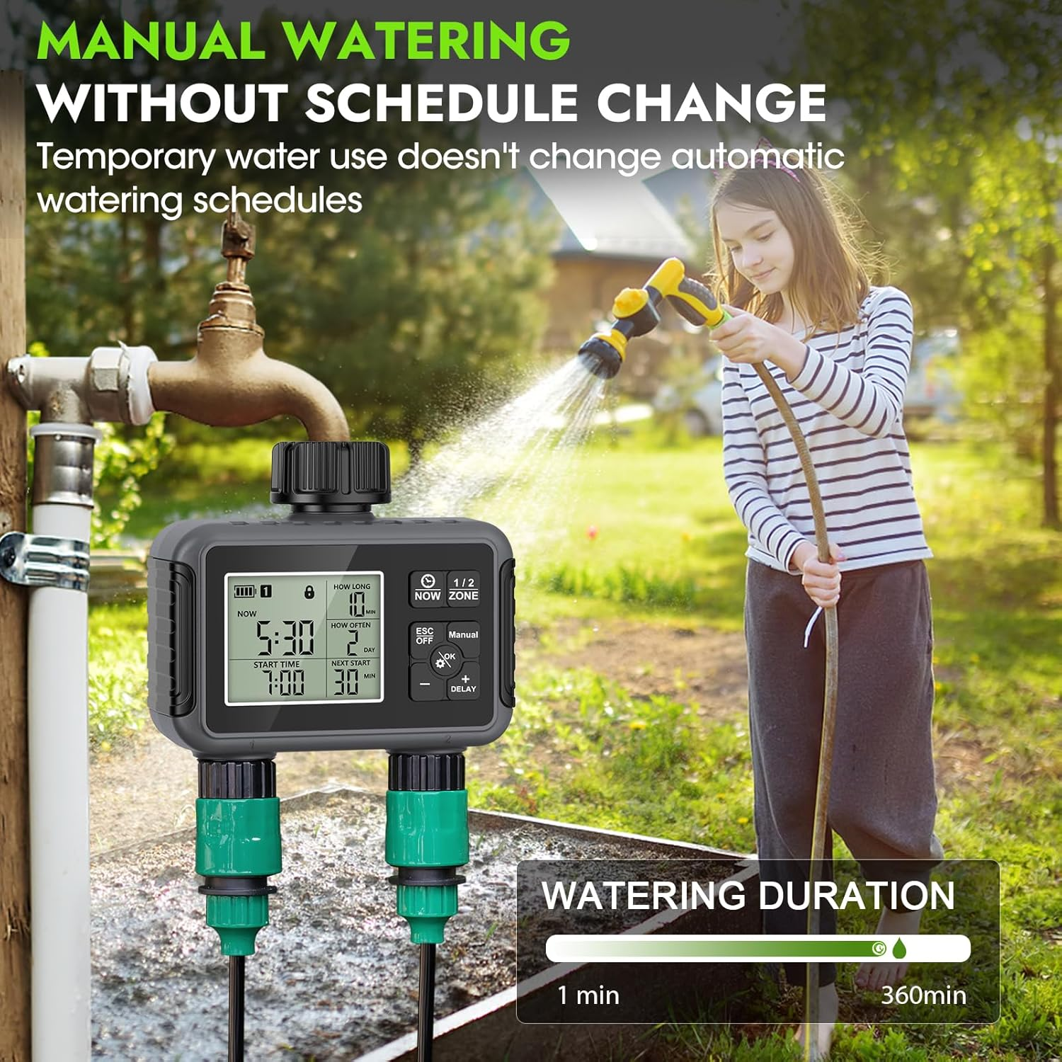 Sprinkler Timer 2 Zone, Programmable Water Timer for Garden Hose 2 Outlet for Garden, Outdoor Automatic Irrigation System IPX5 Waterproof with Auto/Manual/Rain Delay Mode Rain Delay/Manual for Lawn image number 6