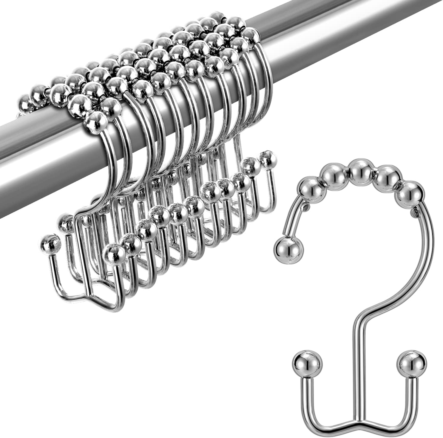 TENOVEL Never Rust 304 Stainless Steel Shower Rings, Heavy Duty Roller Double Glide Shower Curtain Hooks for Bathroom Shower Liners, Brushed Nickel, Set of 12 Hooks