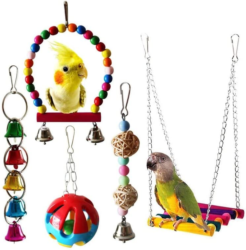 5Pc Bird Toys, Parrot Swing Set: Hanging Bells, Bell Balls, Rattan Ornaments, Wooden Ladder Swings for Cockatiels, Macaws, Finches (Random Color) image number 2