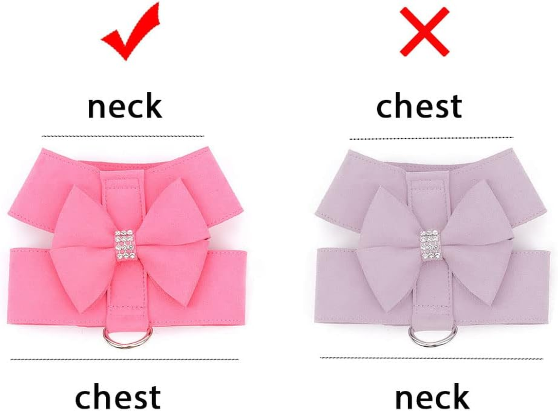 SELMAI Small Pet Dog Cat Bling Rhinestone Harness and Leash Set Bowknot Soft Ultra Suede Leather, Adjustable/No Pull Pink M image number 3