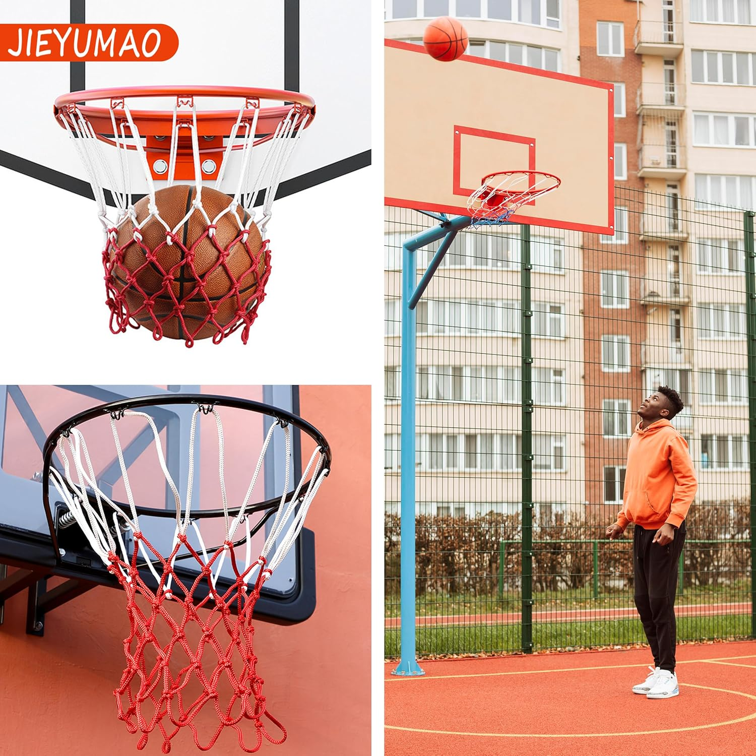 JIEYUMAO 4Pcs Basketball Nets, 2 Colors Heavy Duty Basketball Net Replacement, Red White Blue Nylon Basketball Nets Basketball Hoop Net Outdoor Basketball Net for Home School Park Gym