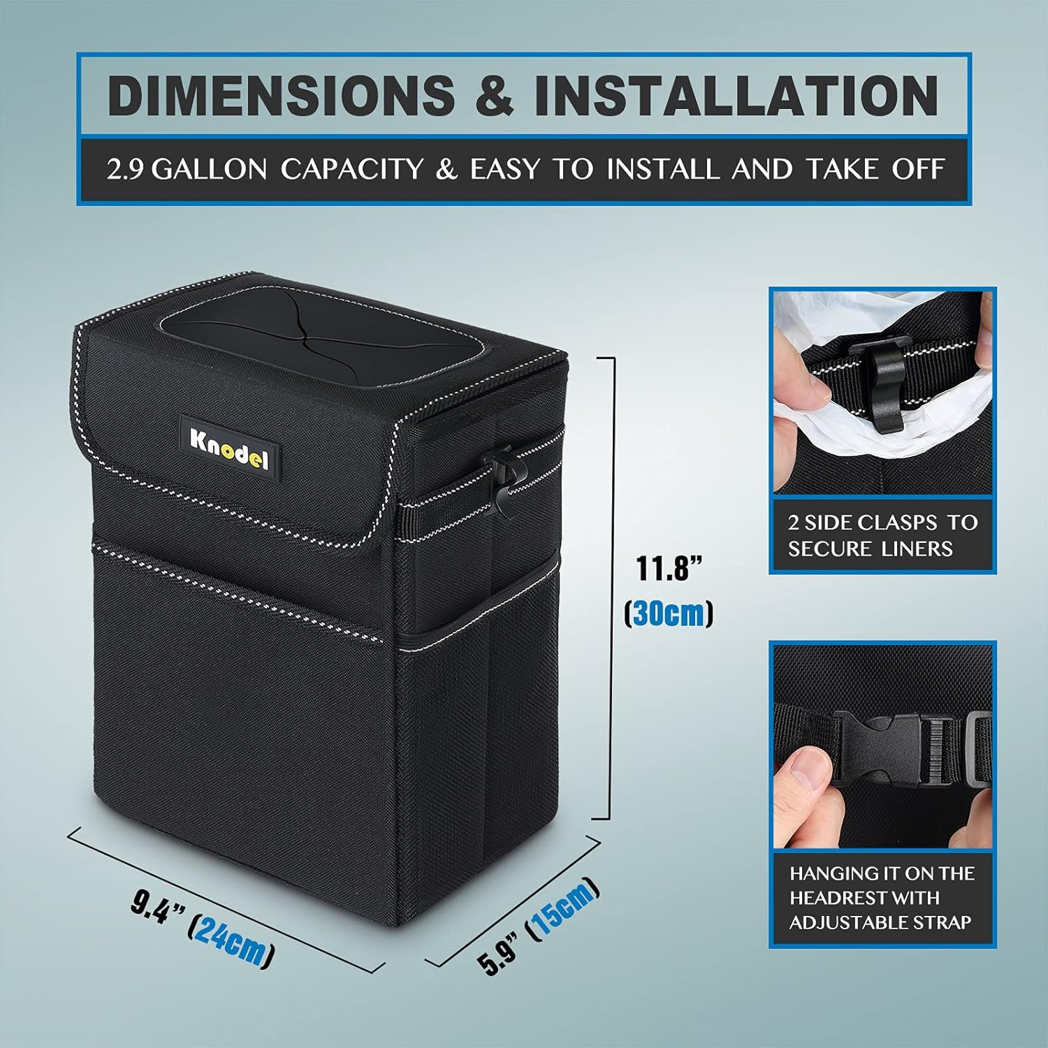 K KNODEL Car Trash Can, Waterproof Car Bin with Lid, Auto Garbage Bag Hanging, Leak-Proof Car Storage Bag (Black, Large) image number 4