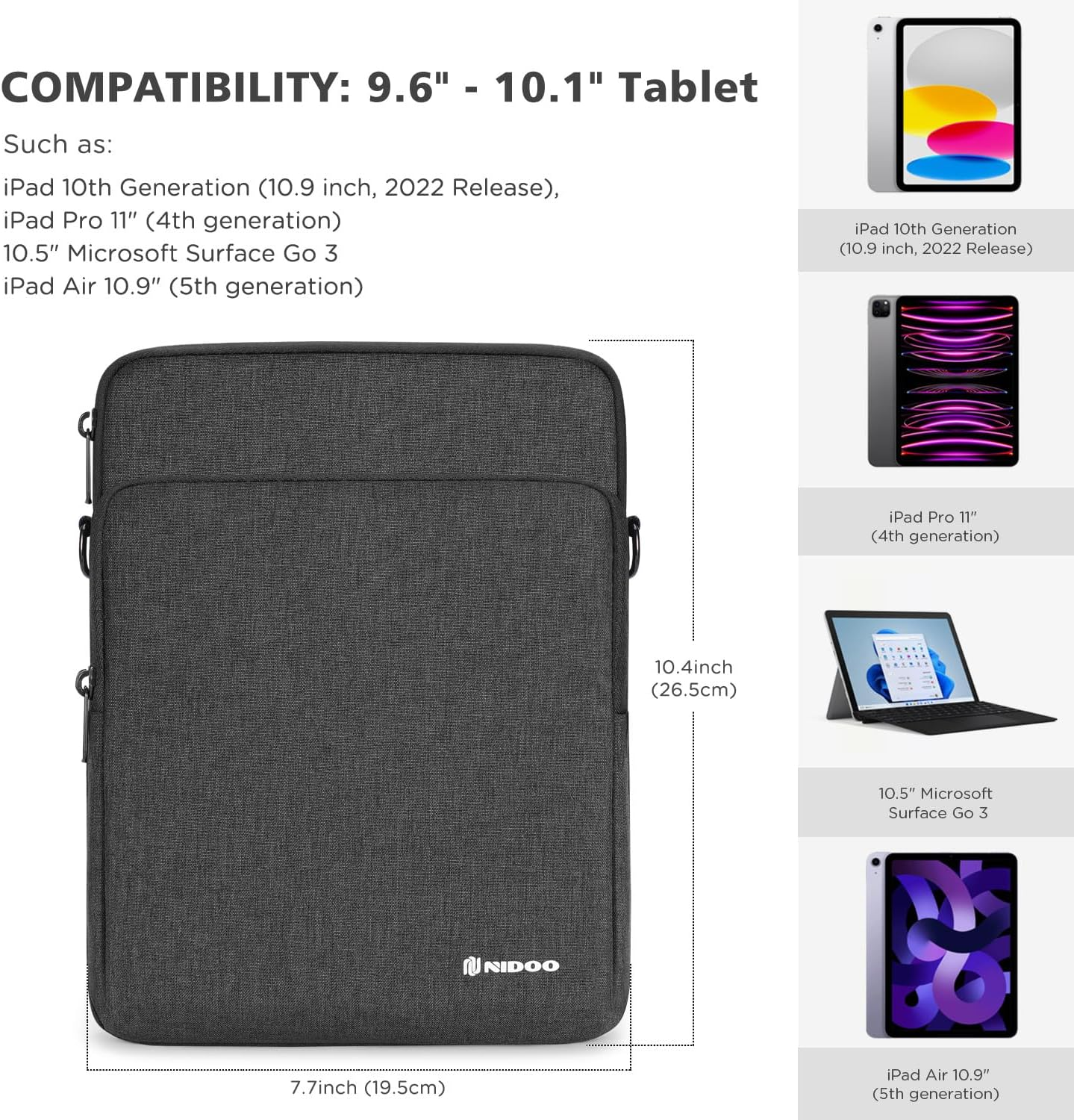 NIDOO Tablet Sleeve 10 Inch Laptop Sleeve Protective Carrying Case for Ipad Sleeve 10.2 10.9" / 11" Ipad Pro M2 / 10.9" Ipad Air Gen 4 5/10.5" Microsoft Surface Go 3 / Samsung Galaxy Tab A8 S6 S8 image number 6