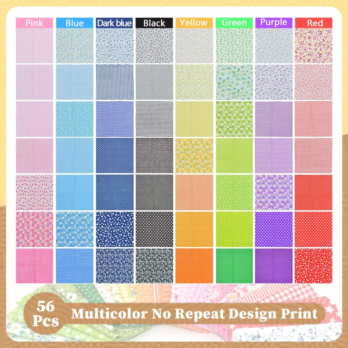 9.8X 9.8 Cotton Print Fabric Bundle Squares Pre-Cut Multicolor Design Printed Quilting Sewing Floral for Quilting Patchwork DIY Craft Scrapbooking Cloth (Red/Yellow/Green/Blue/Pink/Purple/Black/Navy) image number 5