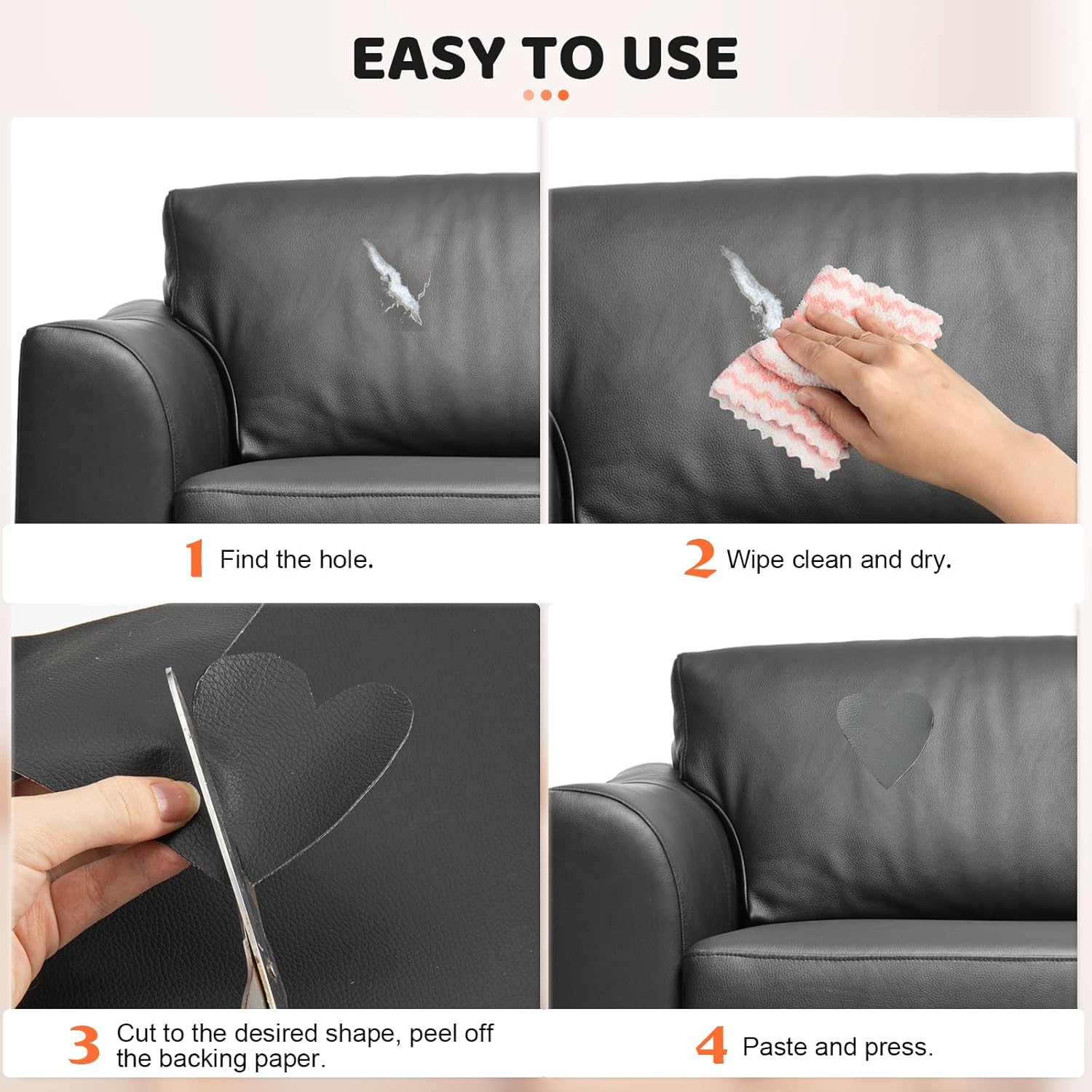 Gecyfit Leather Repair Kit, 10 X160 Cm Balck Leather Patches Tape for Car Seat, Furniture, Couch, Motorcycle Seat, Upholstery, Upgraded Self Adhesive Waterproof Patch image number 2